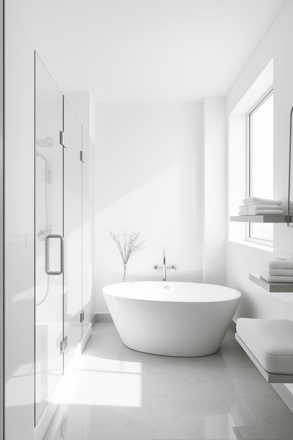 A serene white bathroom featuring frameless shower doors that create a seamless transition between the shower and the rest of the space. The walls are adorned with glossy white tiles, and the floor is a light gray stone, enhancing the clean and modern aesthetic. A freestanding bathtub sits elegantly in the corner, surrounded by minimalist decor and natural light streaming in through a large window. Soft white towels are neatly arranged on a floating shelf, adding a touch of warmth to the pristine environment.