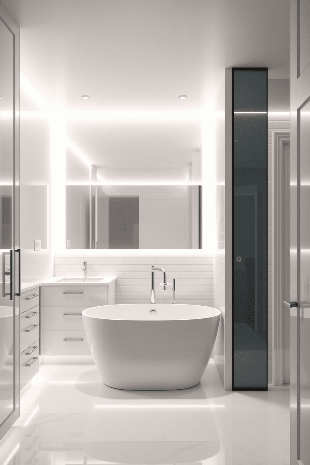 A serene white bathroom featuring under-cabinet lighting that creates a warm and inviting glow. The cabinetry is sleek and modern, with soft-close drawers and a glossy finish that reflects the light beautifully. The walls are adorned with white subway tiles, complemented by a minimalist freestanding bathtub. A large mirror spans the wall above the double sinks, enhancing the brightness of the space.