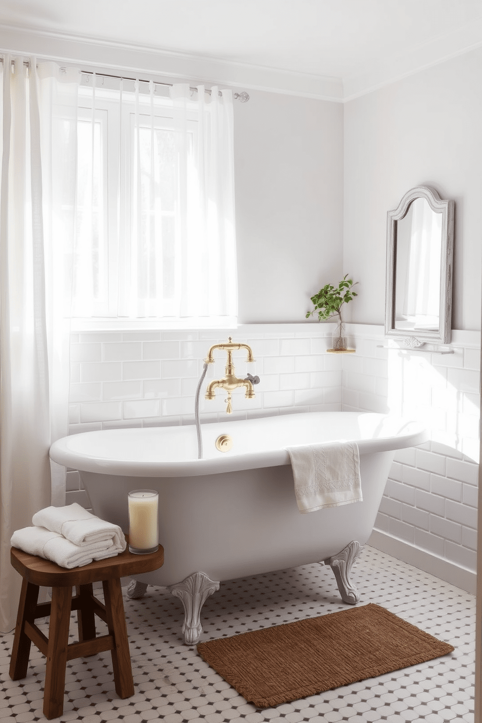 A classic clawfoot tub takes center stage in this vintage-inspired bathroom. The tub is surrounded by elegant white subway tiles that create a timeless backdrop. Soft natural light filters through sheer white curtains, illuminating the space. A vintage-style brass faucet complements the tub, adding a touch of luxury to the design. The walls are painted in a crisp white, enhancing the airy feel of the room. A rustic wooden stool next to the tub holds plush towels and a scented candle for a spa-like experience. Decorative elements include a small potted plant and a vintage mirror with a distressed frame. The overall ambiance is serene and inviting, perfect for relaxation.