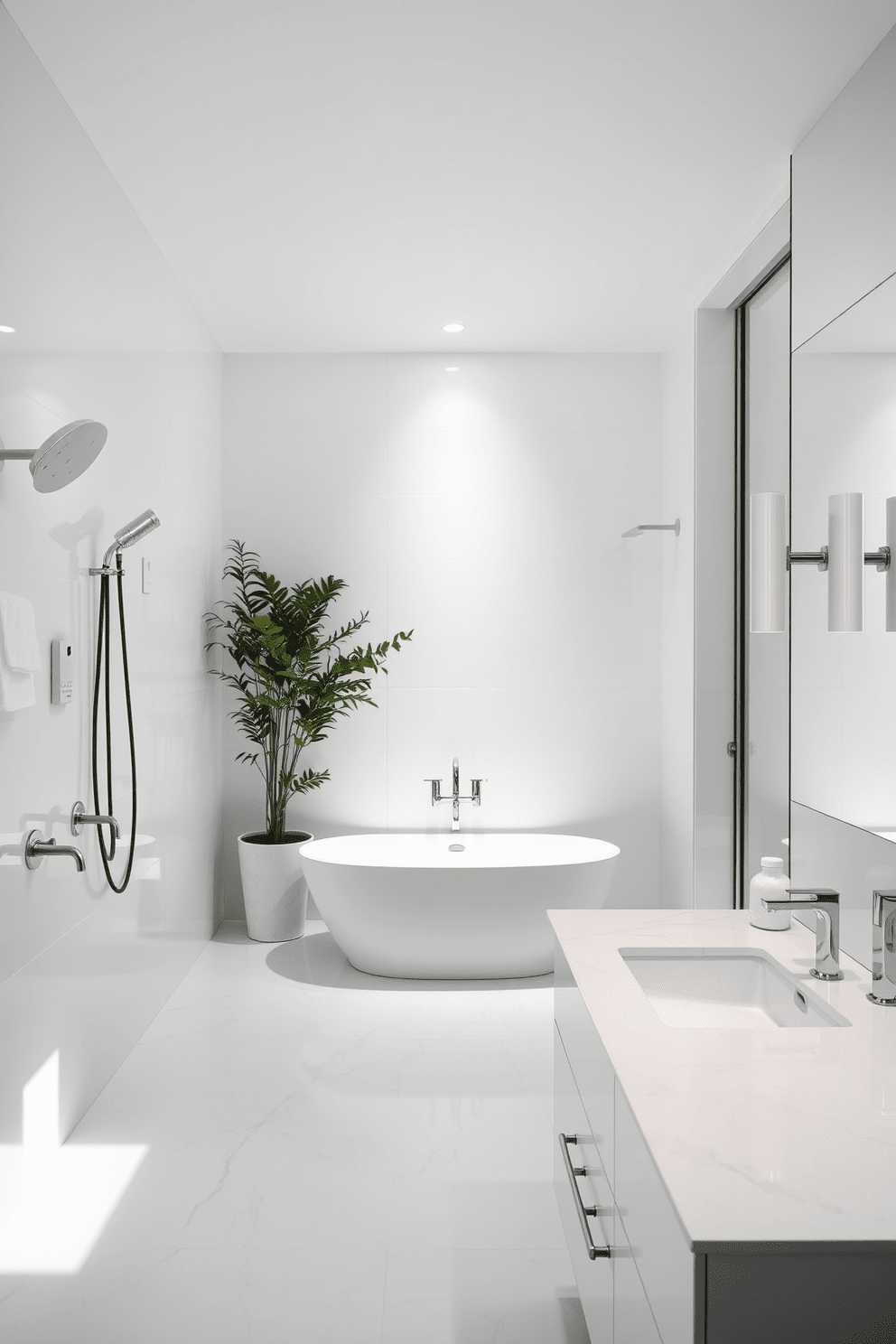 A contemporary white bathroom featuring wall-mounted faucets that enhance the sleek aesthetic. The walls are adorned with large white tiles, and a freestanding bathtub sits gracefully in the center, surrounded by elegant greenery. A minimalist vanity with a glossy white finish complements the overall design, topped with a seamless white marble countertop. Soft lighting fixtures illuminate the space, creating a serene atmosphere perfect for relaxation.