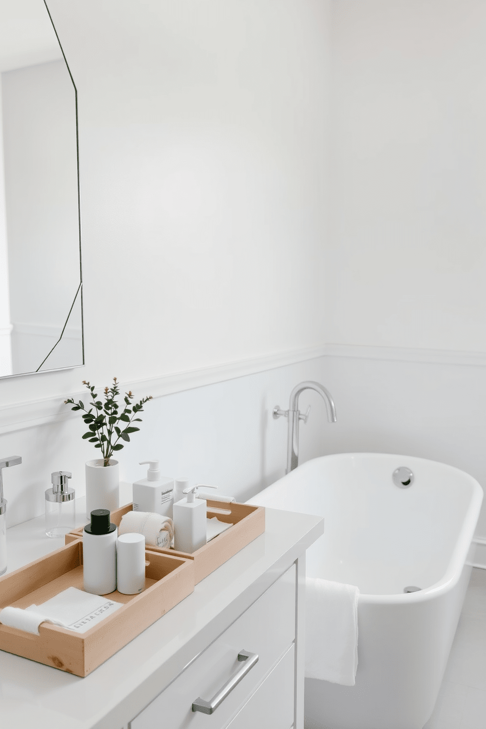 A serene white bathroom featuring decorative trays on the countertop for organized space. The trays are filled with neatly arranged toiletries and a small potted plant, enhancing the minimalist aesthetic. The walls are painted in a crisp white, creating a bright and airy atmosphere. Sleek fixtures and a freestanding bathtub complete the elegant design, offering a luxurious retreat.