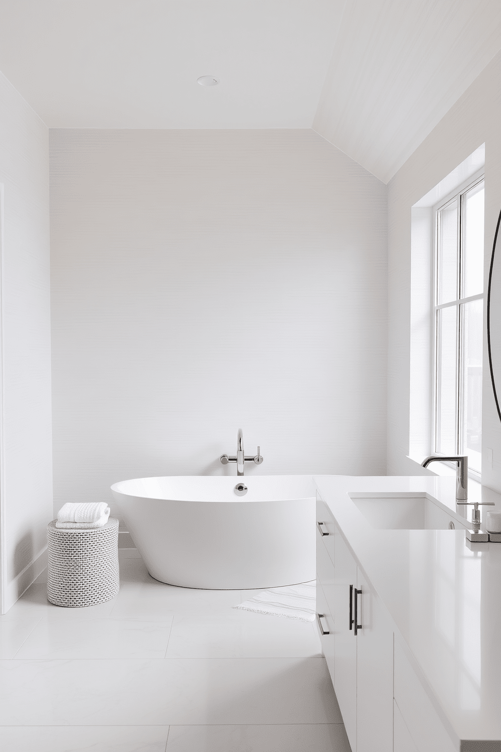 A serene bathroom setting featuring a neutral color palette with soft whites and light grays. The space includes a freestanding soaking tub with a minimalist design and a large window allowing natural light to fill the room. The walls are adorned with subtle textured wallpaper, enhancing the tranquil vibe. A sleek vanity with a white countertop and modern fixtures complements the overall aesthetic, while plush towels neatly arranged add a touch of luxury.