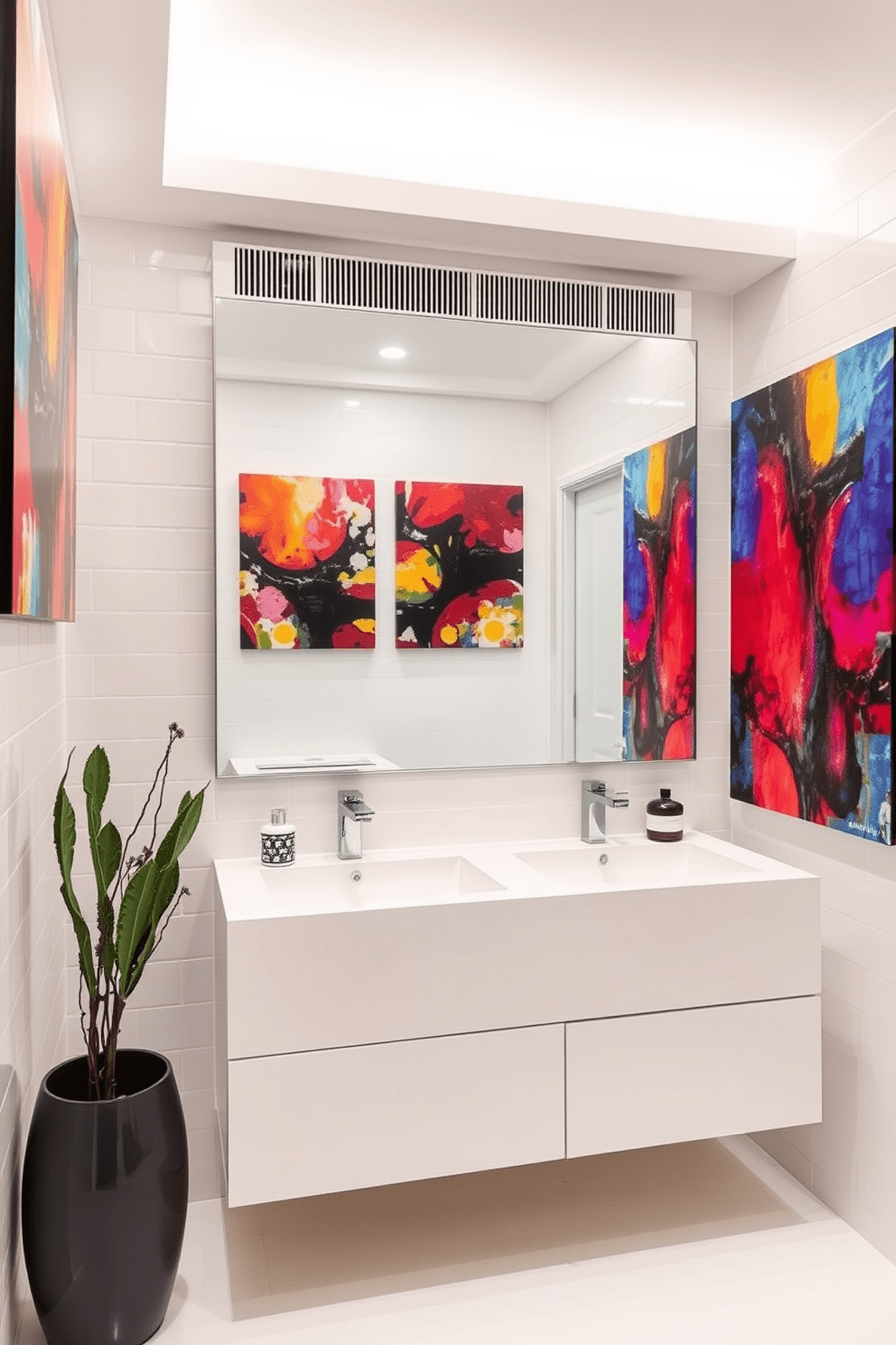 Artistic wall art to personalize the bathroom. The walls are adorned with a series of vibrant abstract paintings that add a pop of color and creativity to the white bathroom design. The bathroom features sleek white tiles that create a clean and modern aesthetic. A minimalist floating vanity with a large mirror reflects the artistic elements, enhancing the overall ambiance.