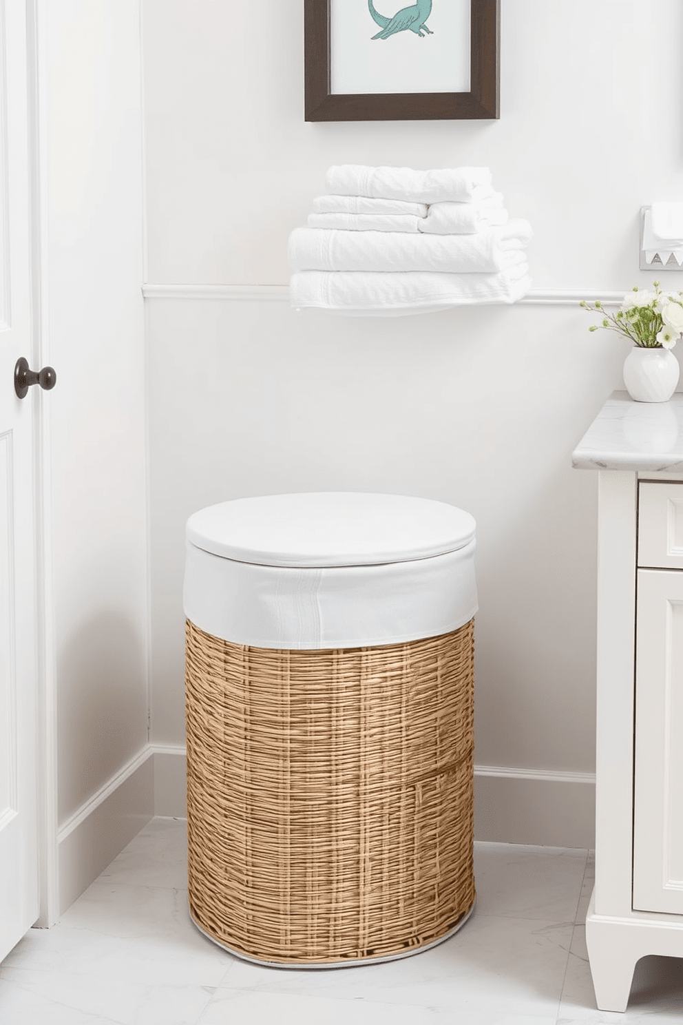 A stylish laundry hamper that blends functionality with decor. It features a sleek design with natural woven fibers and a lid that complements the clean lines of a white bathroom. The hamper is placed in a corner next to a white vanity with a marble countertop. Soft white towels are neatly stacked on the vanity, enhancing the overall aesthetic of the serene bathroom space.