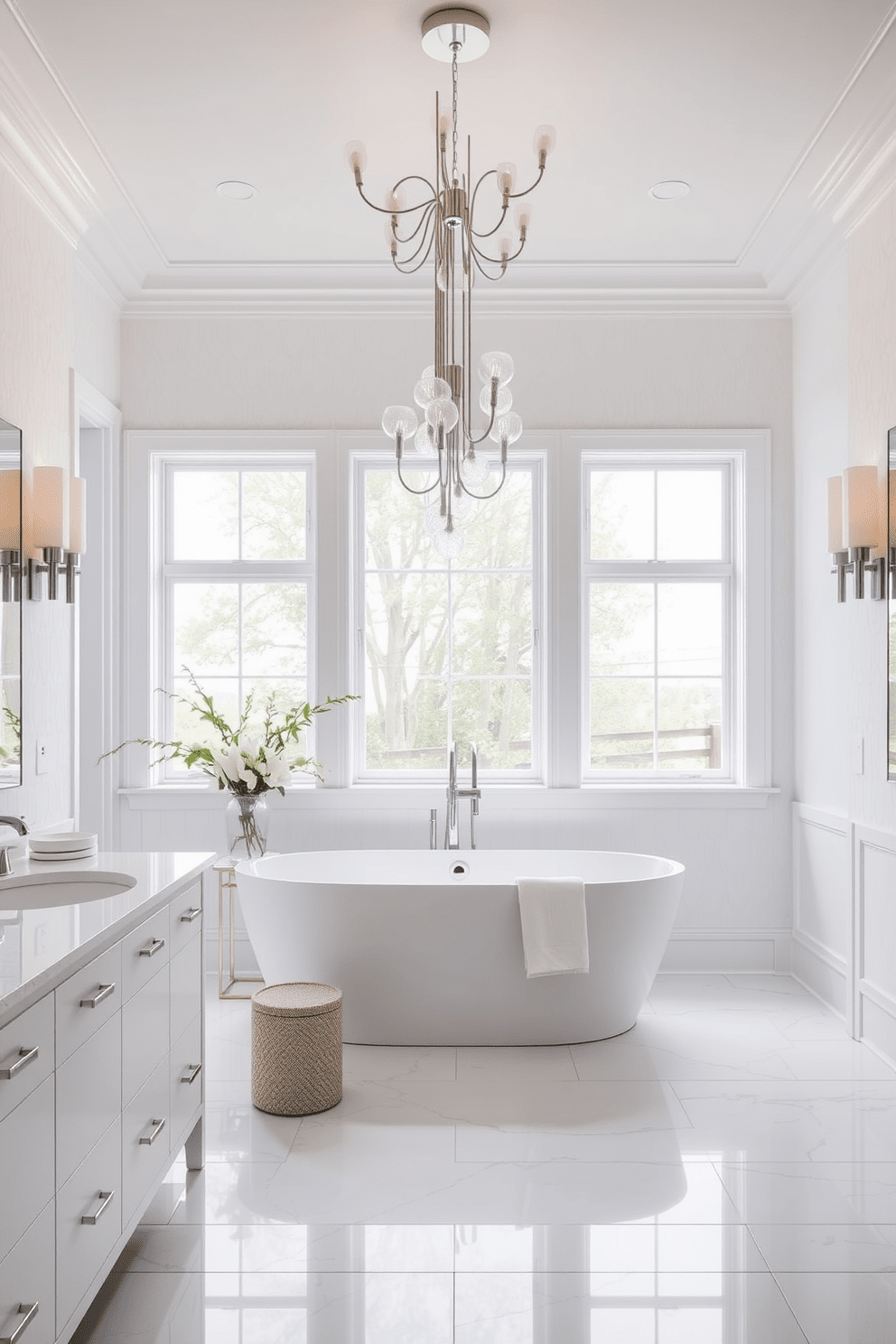 Create a stunning white bathroom featuring unique light fixtures that serve as a statement piece. The space should include a freestanding bathtub, sleek white cabinetry, and a large window allowing natural light to illuminate the room. Incorporate a modern chandelier or sculptural pendant lights that draw the eye and enhance the overall elegance. The walls should be adorned with subtle textures or patterns to add depth while maintaining a clean and fresh aesthetic.