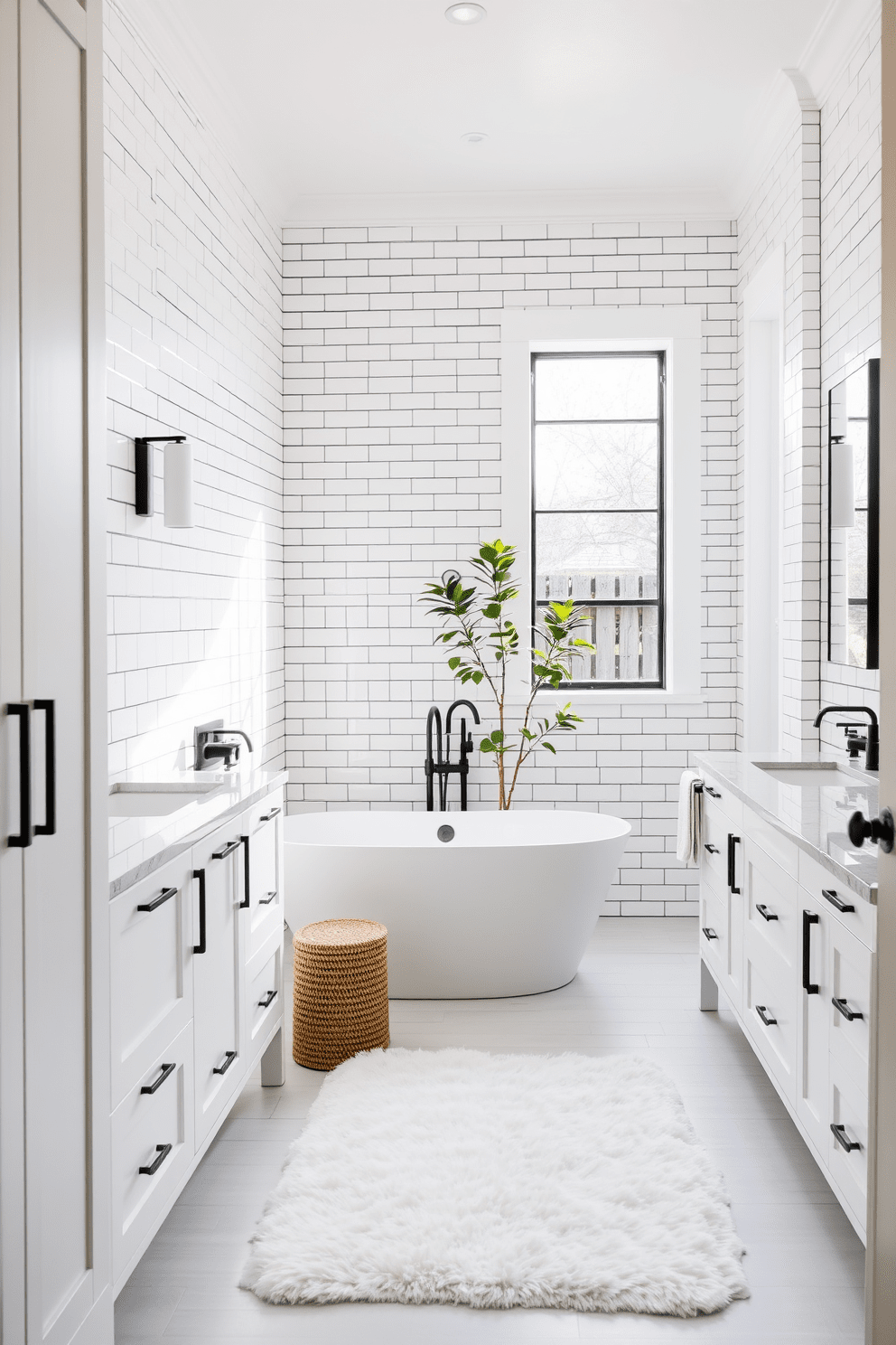 A bright and airy bathroom features white subway tiles with black grout creating a striking contrast. The space is enhanced by sleek black fixtures and a minimalist freestanding bathtub positioned under a large window. Natural light floods the room, highlighting the elegant white cabinetry and a modern double vanity. A plush white rug adds warmth, while a potted plant in the corner brings a touch of greenery to the design.