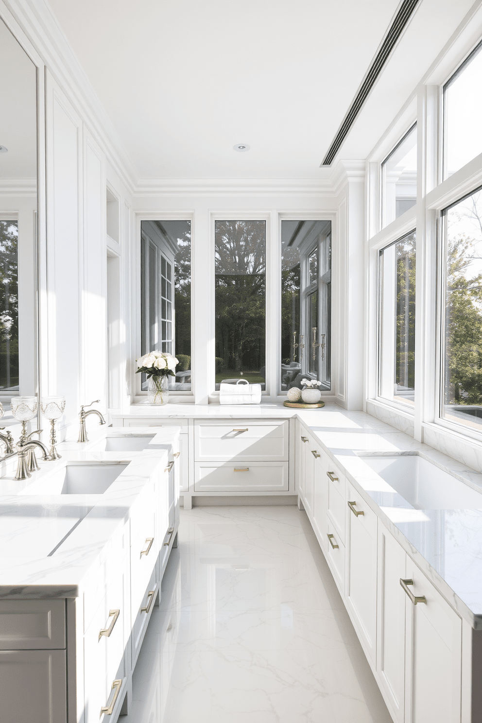 Chic marble countertops create a luxurious atmosphere in a pristine white bathroom. The space features sleek cabinetry and elegant fixtures that enhance the overall aesthetic. Large windows allow natural light to flood the room, highlighting the polished surfaces. Soft towels and decorative elements add warmth and comfort to the minimalist design.