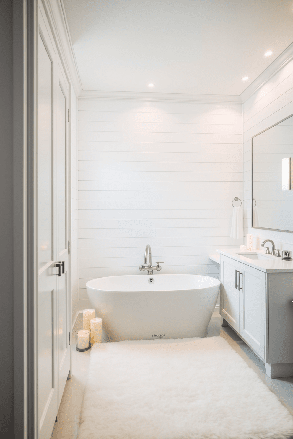 A serene white bathroom featuring soft white lighting that creates a calming ambiance. The space includes a freestanding soaking tub surrounded by elegant candles and a plush white rug underfoot. The walls are adorned with white shiplap, and the cabinetry is sleek and modern with brushed nickel hardware. A large frameless mirror reflects the light, enhancing the airy feel of the room.