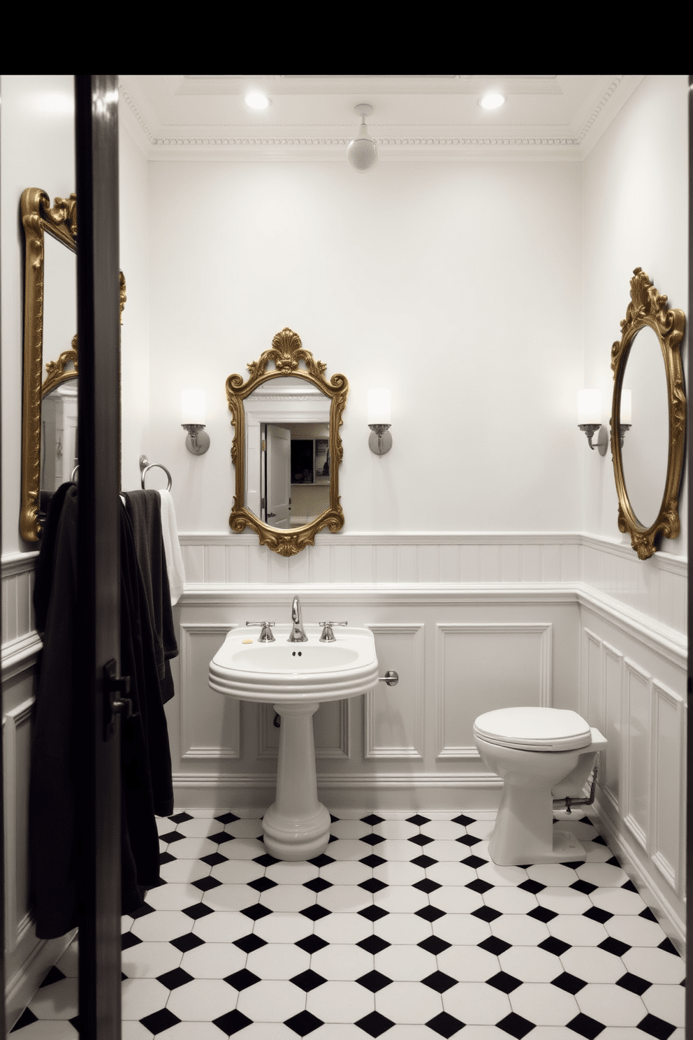 A white bathroom featuring vintage mirrors that add character and charm. The walls are adorned with elegant wainscoting and the floor is covered in classic black and white tiles.