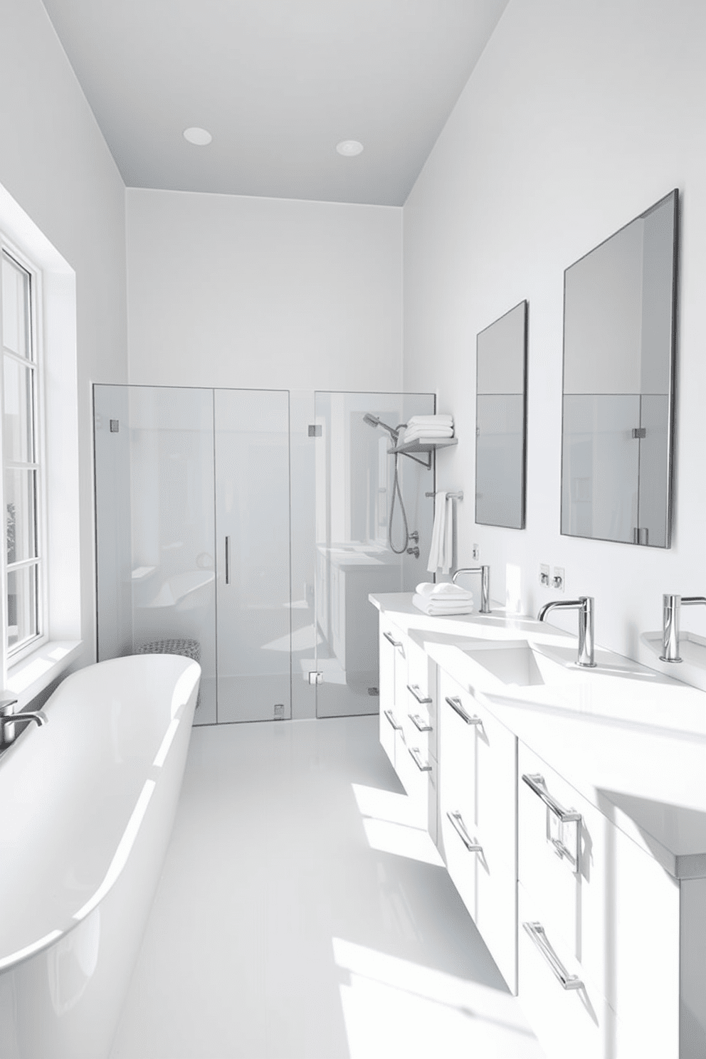 Bright white fixtures create a clean and modern aesthetic in the bathroom. The space features a sleek white freestanding tub and a spacious walk-in shower with frameless glass doors. The vanity is adorned with a white quartz countertop, complemented by minimalist chrome faucets. Large rectangular mirrors above the sinks reflect the natural light streaming in from the window, enhancing the airy feel of the room. The walls are painted in a crisp white, providing a fresh backdrop for the space. Soft white towels neatly arranged on a floating shelf add a touch of warmth and comfort.