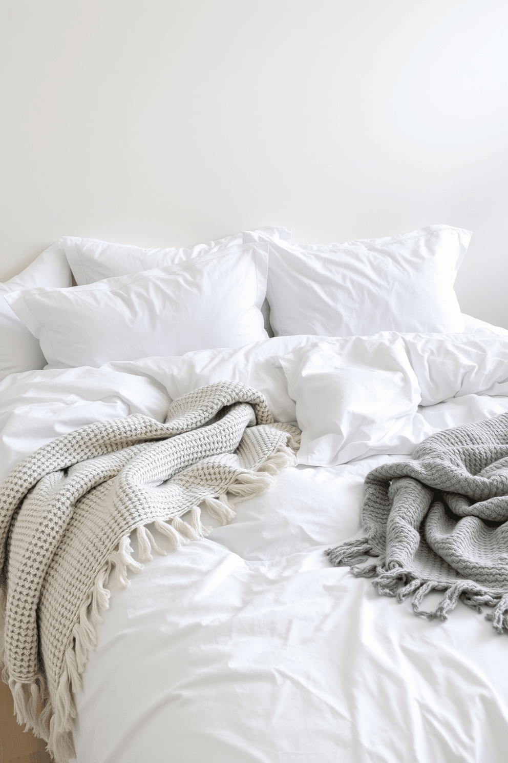 Cozy white bedding is layered with textured throws that add warmth and depth to the space. The walls are painted in a soft, neutral tone, creating a serene atmosphere in the white bedroom design.