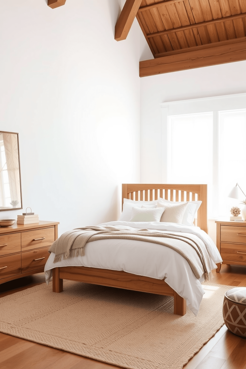 A serene white bedroom featuring natural wood accents. The walls are painted in a crisp white, complemented by a wooden bed frame and matching nightstands. Soft linens in neutral tones adorn the bed, while a cozy area rug adds texture underfoot. Large windows allow natural light to flood the space, enhancing the warmth of the wood elements.