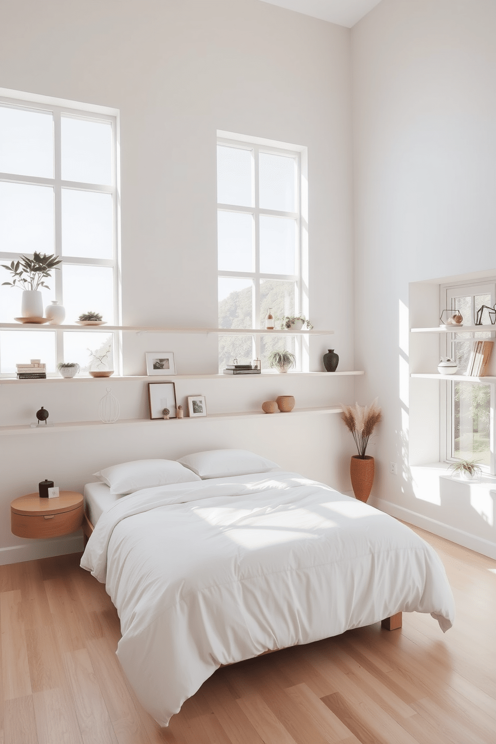 Open shelving creates an airy and spacious atmosphere in a white bedroom. The walls are painted in a crisp white, and natural light floods the room through large windows, enhancing the bright and clean aesthetic. A minimalist bed with a soft white duvet is positioned against one wall, complemented by a pair of floating nightstands. Decorative items and plants are artfully arranged on the open shelves, adding character and warmth to the serene space.