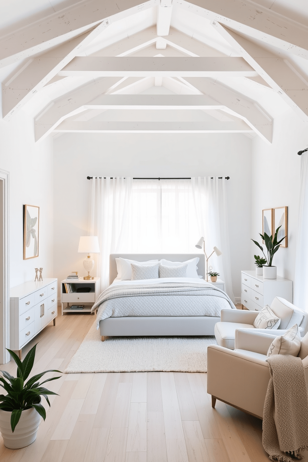 A serene white bedroom featuring exposed ceiling beams that add architectural interest. The walls are painted in a soft white hue, complemented by light wood flooring that enhances the room's brightness. A plush king-sized bed is dressed in crisp white linens with a textured duvet and an array of decorative pillows. Flanking the bed are elegant nightstands with modern lamps that provide a warm glow in the evening. A cozy reading nook is situated by a large window, adorned with sheer white curtains that allow natural light to filter in. A soft area rug lies beneath a comfortable armchair, creating an inviting space for relaxation. Decorative elements include minimalist artwork on the walls and a few potted plants that bring a touch of nature indoors. The overall design exudes tranquility and sophistication, perfect for a restful retreat.