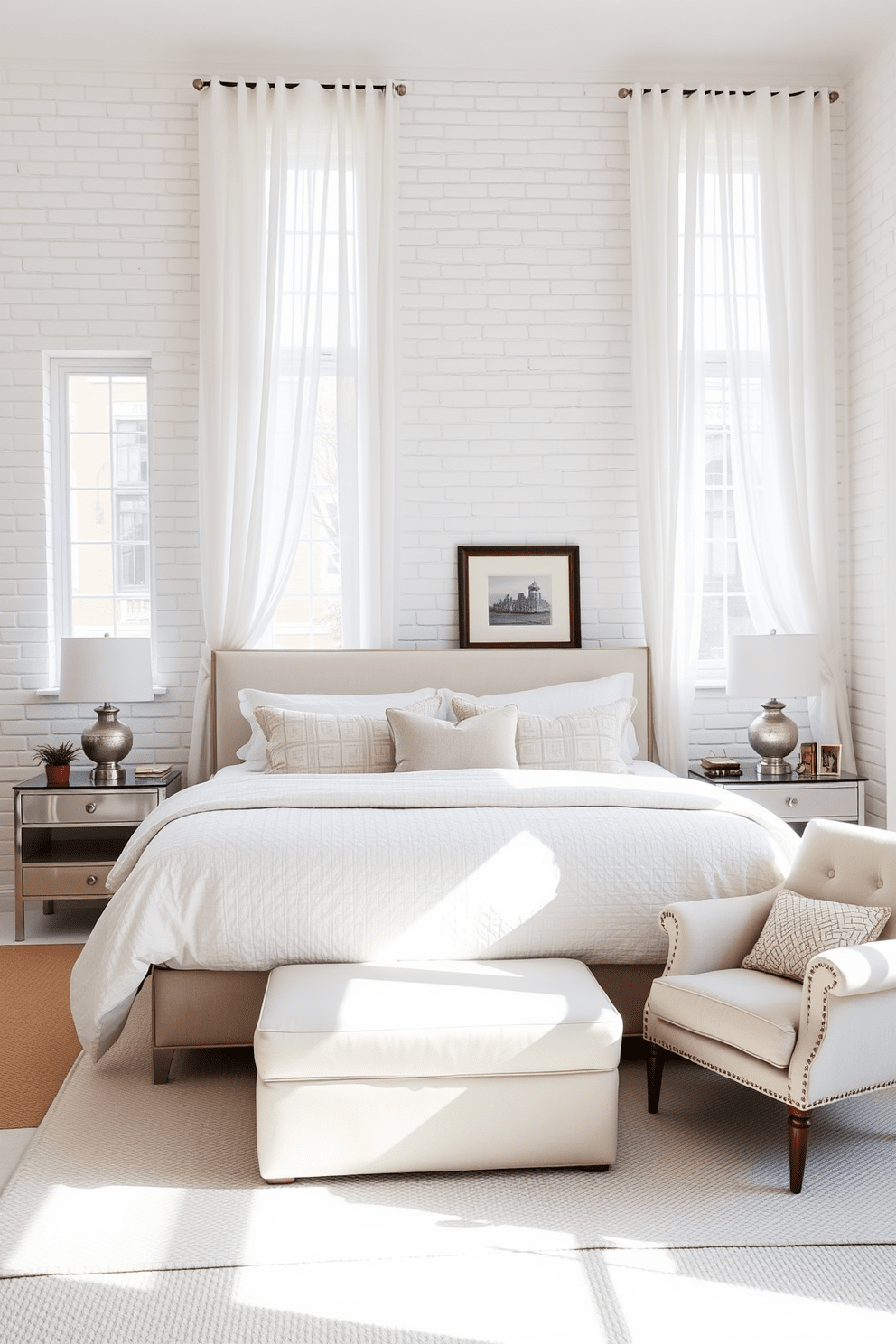 A serene white bedroom featuring white painted brick walls that create a cozy and inviting atmosphere. The space is adorned with a plush king-sized bed dressed in soft, textured linens, complemented by a pair of elegant bedside tables with stylish lamps. Natural light filters through sheer white curtains, enhancing the airy feel of the room. A comfortable reading nook with a cozy armchair and a small bookshelf adds a personal touch to the design.