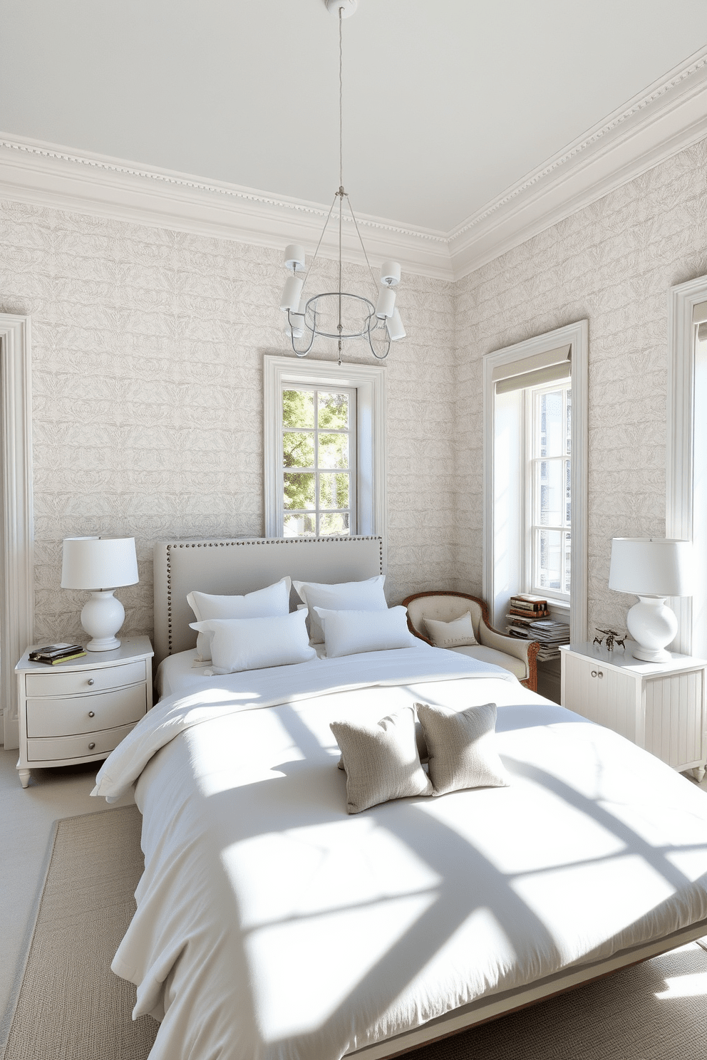 A serene white bedroom featuring textured wallpaper that adds depth and interest to the space. The room is adorned with a plush white bed dressed in soft linens, complemented by elegant bedside tables and stylish lamps. Natural light floods the room through large windows, enhancing the airy and tranquil atmosphere. A cozy reading nook with a comfortable chair and a small bookshelf invites relaxation and contemplation.