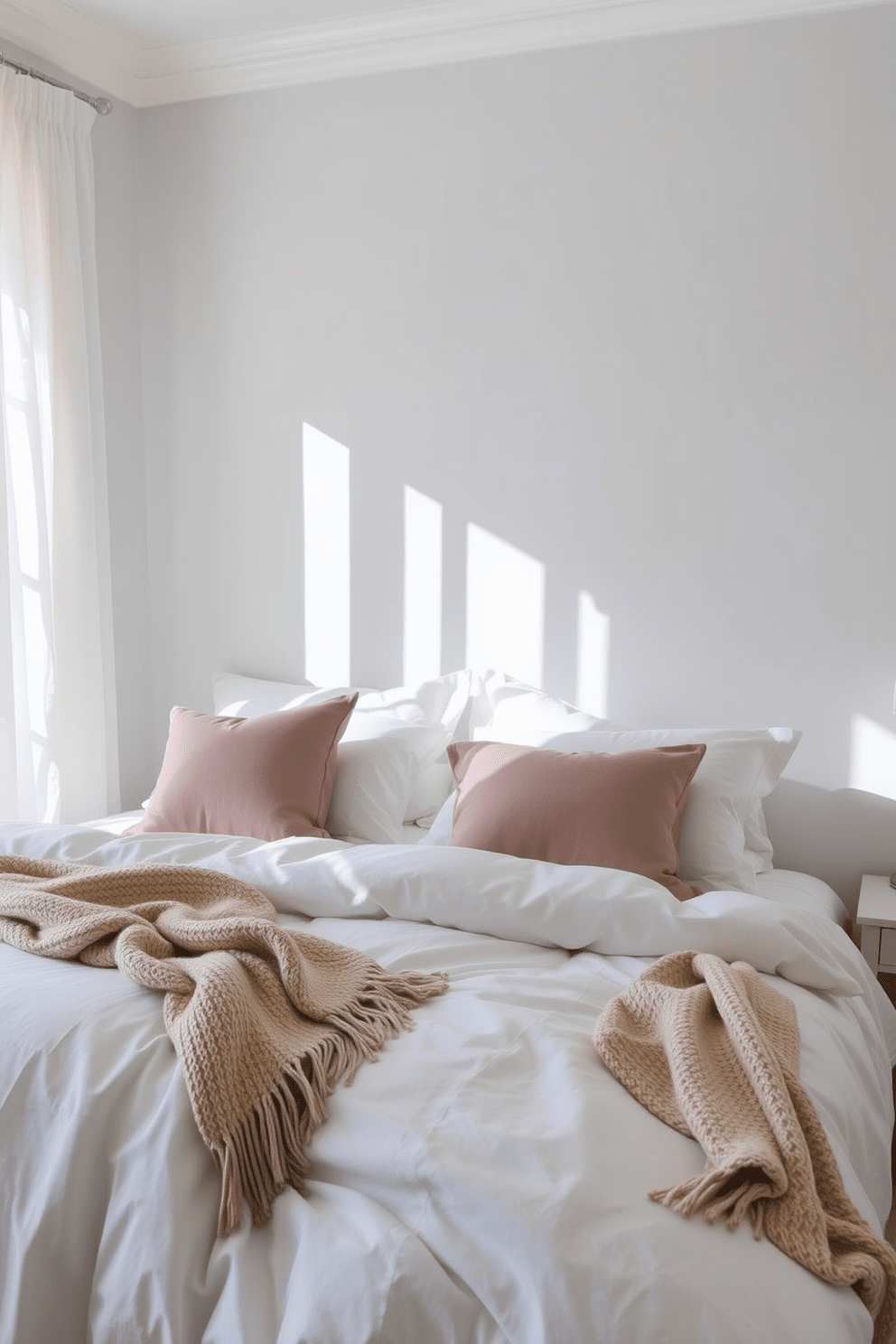 A serene bedroom setting featuring soft white bedding adorned with pastel accent pillows and throws. The walls are painted in a light pastel hue, creating a calming atmosphere complemented by natural light streaming through sheer curtains.