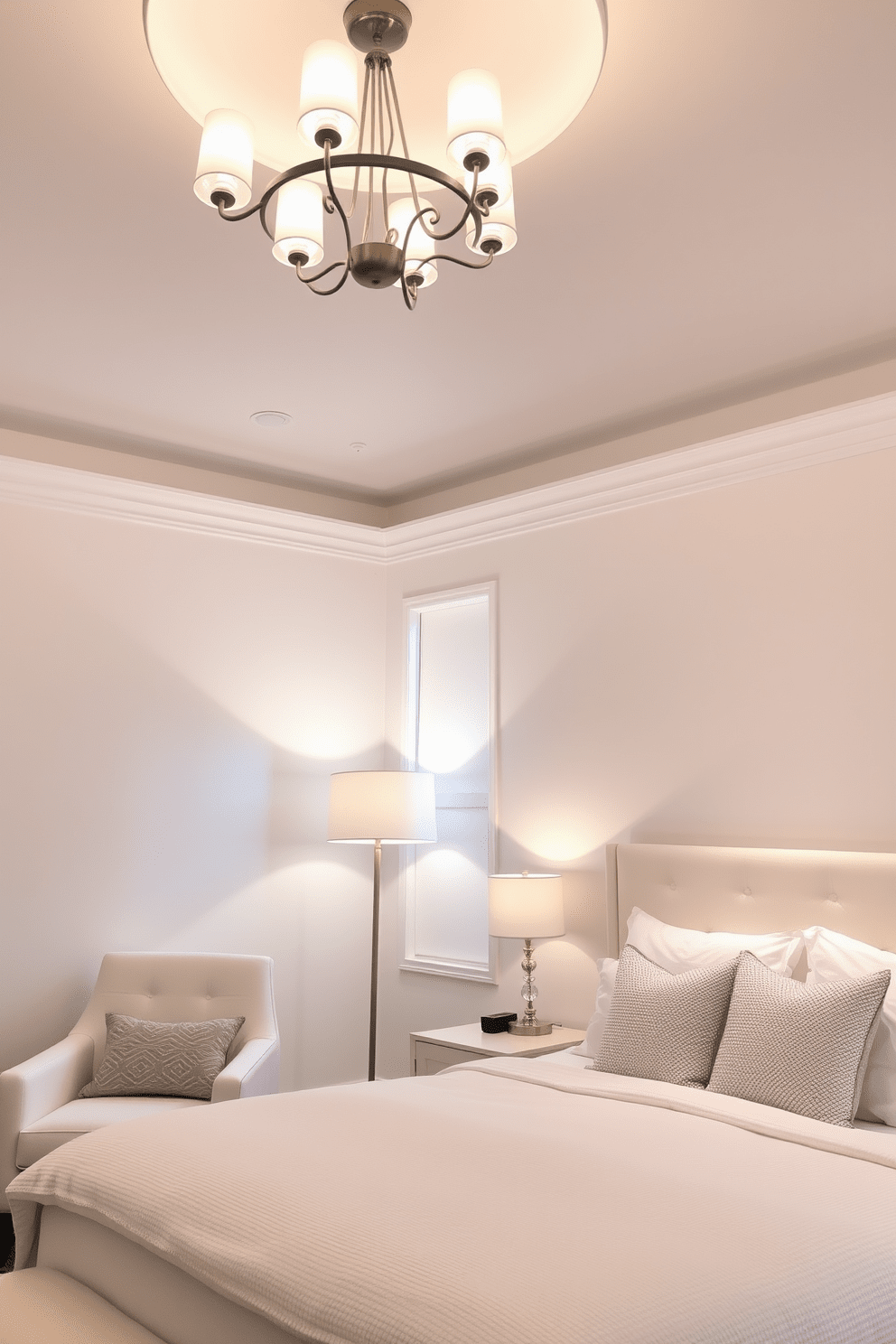 A serene white bedroom featuring layered lighting that enhances the ambiance. The ceiling is adorned with a modern chandelier while bedside lamps provide soft illumination on each side of the bed. The walls are painted in a crisp white hue, complemented by plush white bedding and textured throw pillows. A cozy armchair sits in the corner, illuminated by a floor lamp that adds warmth to the space.