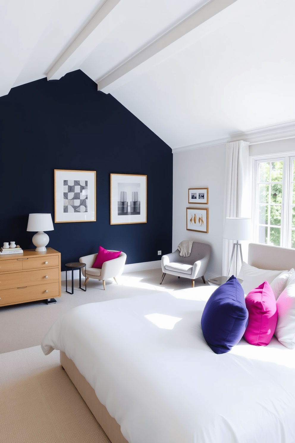 A serene white bedroom featuring an accent wall painted in a bold navy blue. The room is adorned with a plush king-sized bed dressed in crisp white linens and vibrant throw pillows that complement the accent wall. Natural light floods the space through large windows, highlighting a cozy reading nook with a stylish armchair and a small side table. A minimalist dresser in light wood adds warmth, while a few carefully chosen artworks bring personality to the room.