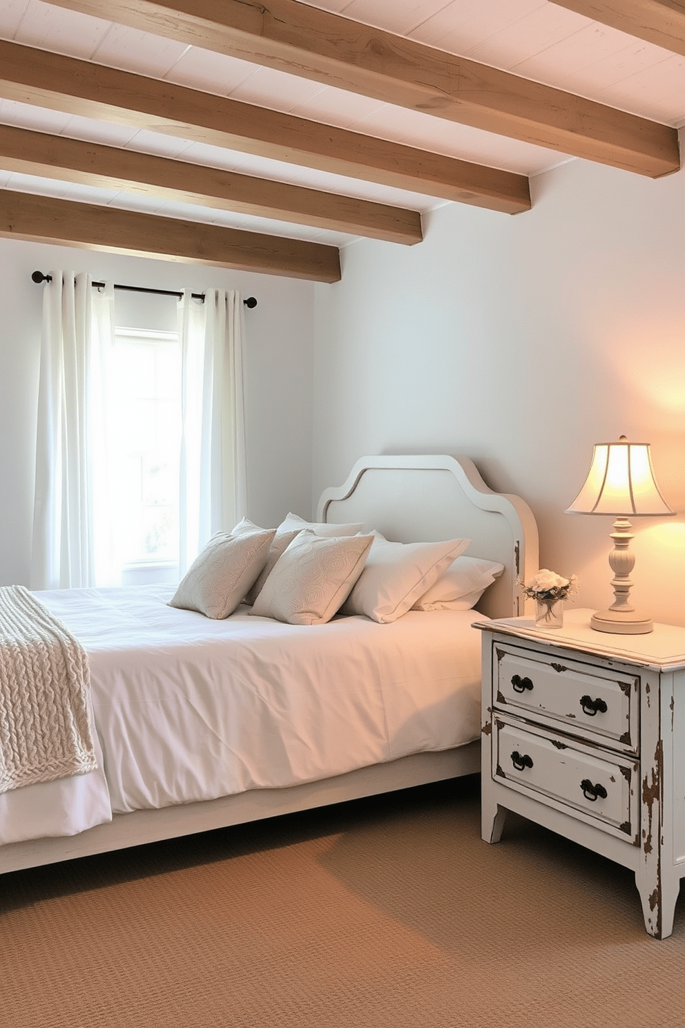 Rustic white nightstands with a weathered finish sit beside a plush white bed adorned with soft linens and textured pillows. The room features exposed wooden beams on the ceiling, enhancing the cozy and inviting atmosphere of the white bedroom design. Natural light filters through sheer curtains, illuminating the space and highlighting the delicate details of the nightstands. A vintage lamp with a warm glow rests on each nightstand, adding a touch of charm and functionality to the serene bedroom environment.