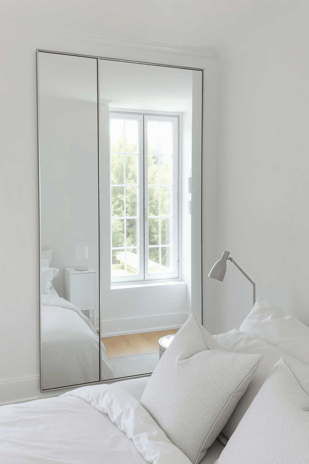 Elegant mirrors to enhance brightness in a white bedroom. The room features a large floor-to-ceiling mirror opposite a window, reflecting natural light and creating an airy atmosphere. The walls are painted in a crisp white, complemented by soft white bedding and plush pillows. A minimalist nightstand with a sleek lamp sits beside a cozy bed, enhancing the serene ambiance.