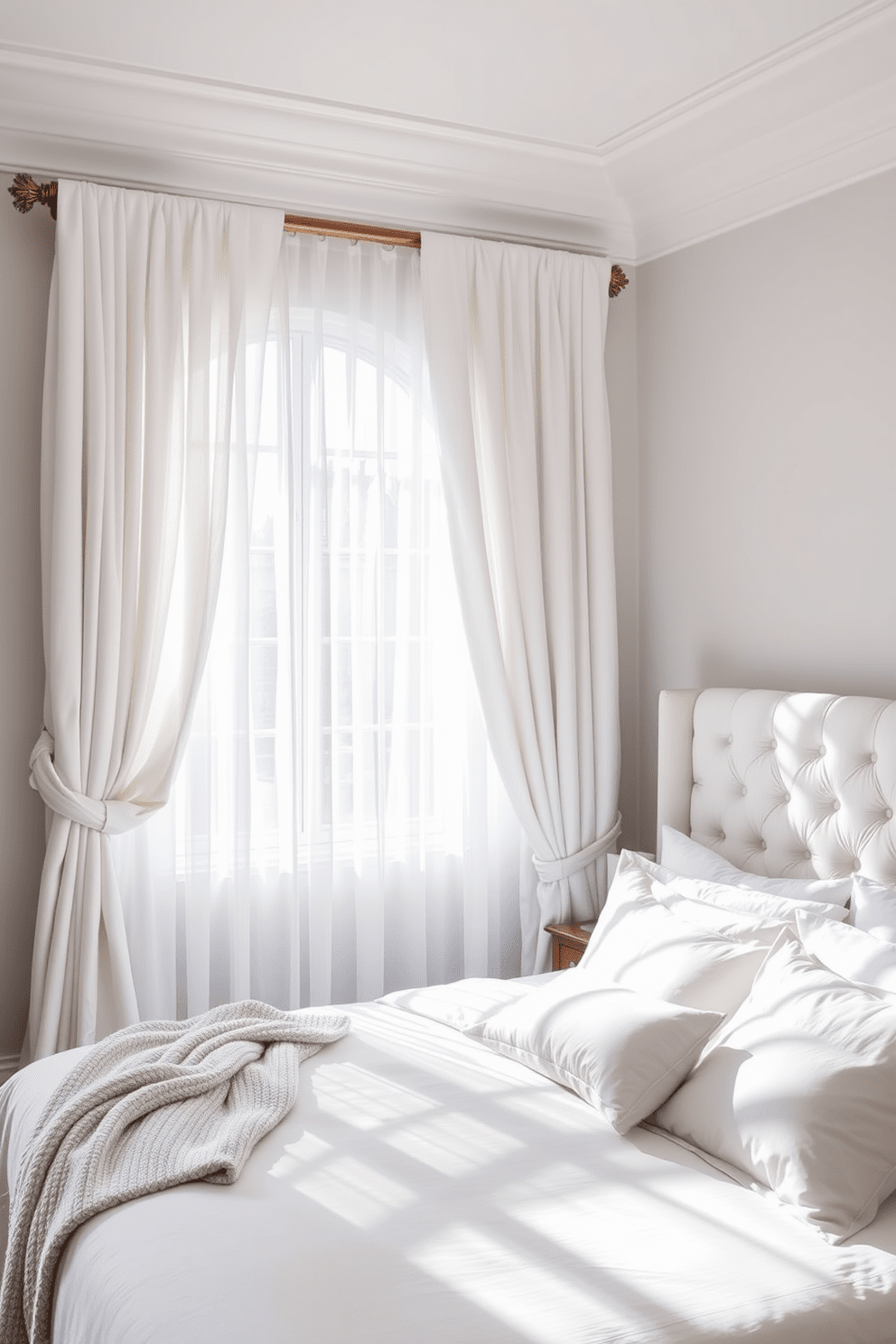 A luxurious white bedroom featuring flowing white curtains that drape elegantly from a polished wooden rod. The soft fabric creates a dreamy ambiance, gently filtering natural light into the space. The bed is dressed in plush white linens with an oversized tufted headboard as the focal point. Accent pillows in various textures add depth, while a cozy throw lies casually at the foot of the bed.