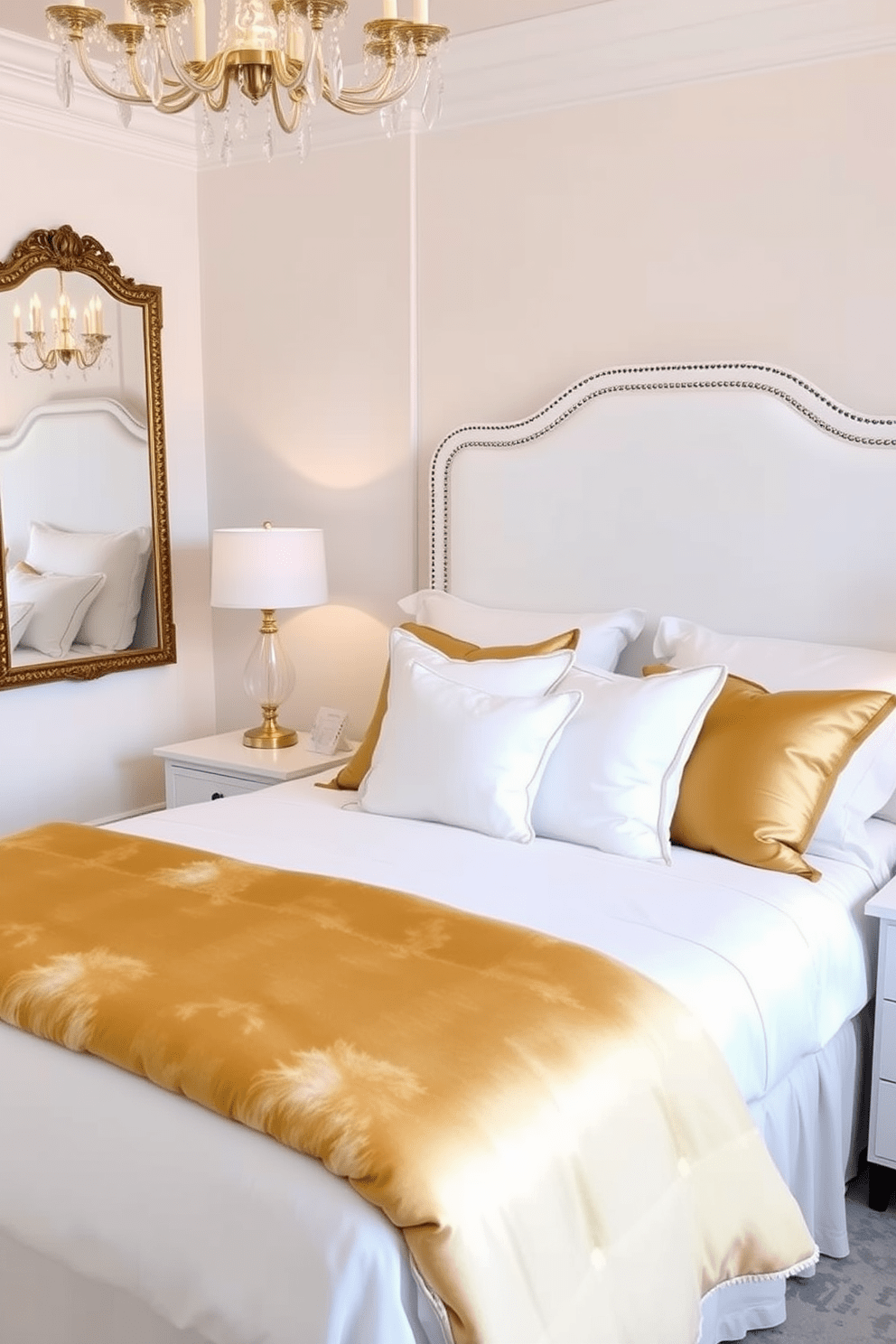 A serene bedroom with white and gold decor. The bed is dressed in luxurious white linens, accented by gold throw pillows and a plush gold bedspread. To the left, a stylish gold-framed mirror reflects the soft glow of a chandelier. Elegant white nightstands flank the bed, each topped with a chic gold lamp.