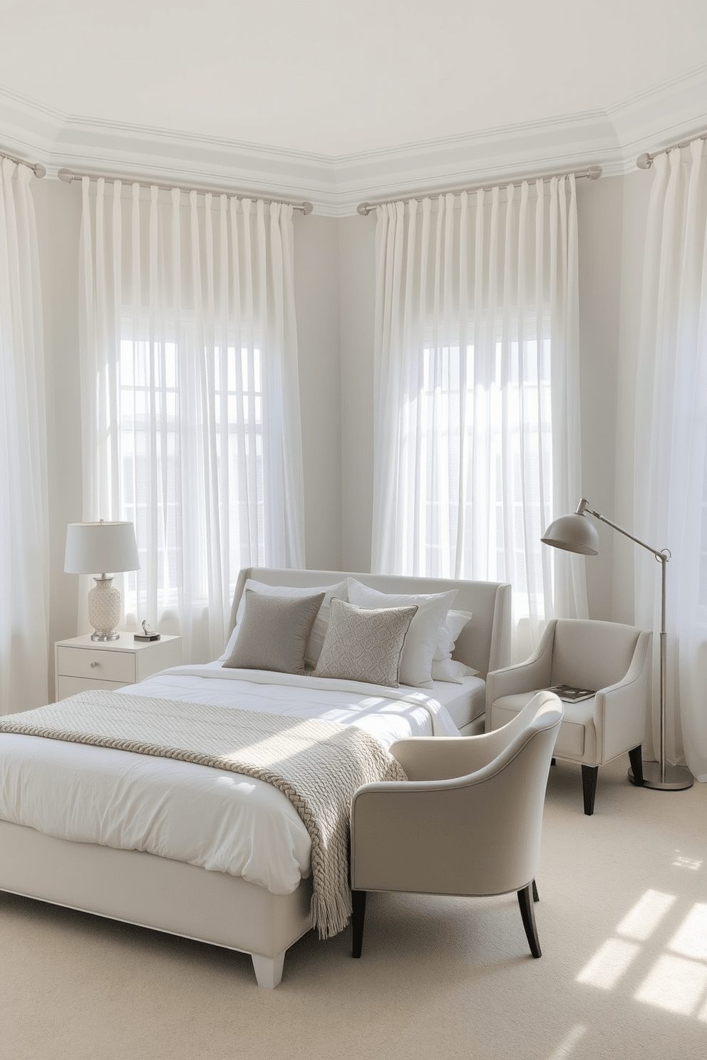 A serene white bedroom featuring a neutral color palette with soft beige and light gray accents. The room includes a plush white bed adorned with fluffy pillows and a textured throw blanket, complemented by a pair of elegant nightstands on either side. Natural light floods the space through large windows, dressed with sheer white curtains that gently sway in the breeze. A cozy armchair sits in the corner, paired with a minimalist floor lamp, creating a perfect reading nook.