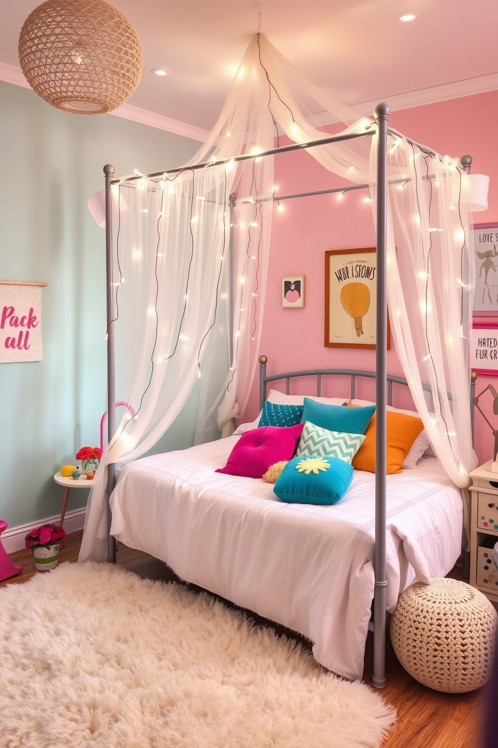 A whimsical bedroom filled with playful decor elements. The walls are painted in soft pastel colors, and a canopy bed draped with fairy lights creates a dreamy atmosphere. Colorful throw pillows in various shapes and sizes adorn the bed, while a plush area rug adds warmth to the space. Quirky artwork and framed prints featuring whimsical designs decorate the walls, enhancing the playful charm of the room.