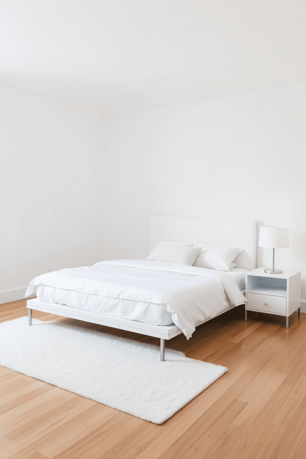 A serene white bedroom featuring minimalist furniture that emphasizes clean lines and simplicity. The bed is low-profile with a sleek frame, adorned with crisp white linens and a few textured pillows for subtle contrast. The walls are painted in a bright white hue, creating an airy atmosphere. A streamlined nightstand with a modern lamp sits beside the bed, and a soft area rug adds warmth to the hardwood floor.