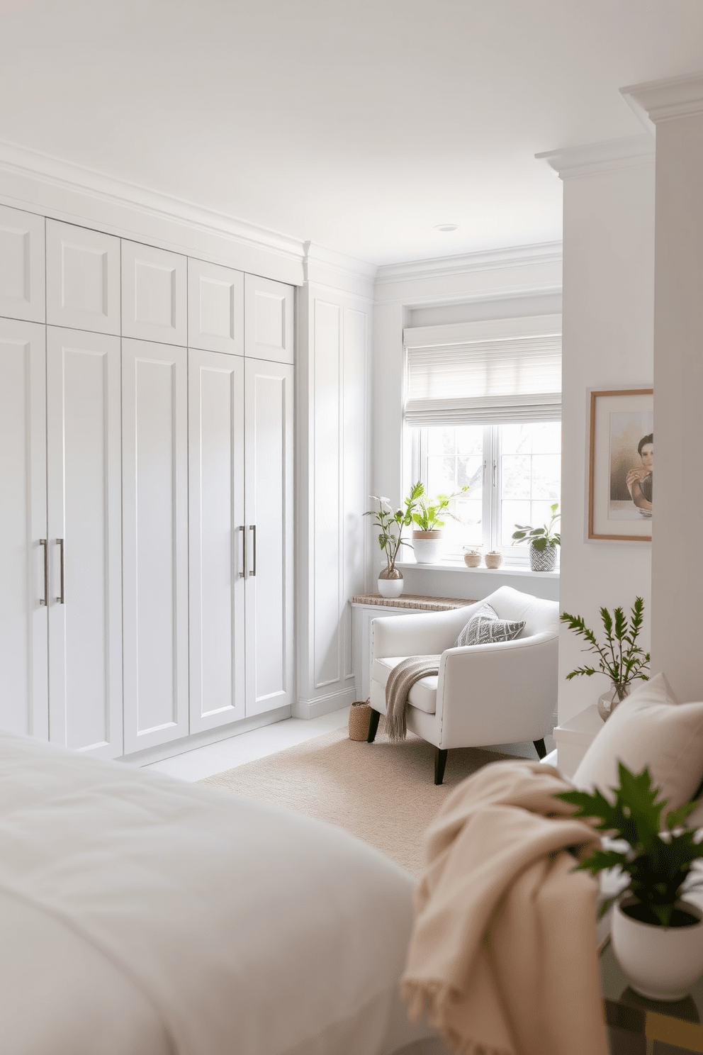 A bright and airy white bedroom featuring functional storage solutions seamlessly integrated into the design. The walls are painted in a soft white hue, and a large built-in wardrobe with sleek white doors provides ample storage while maintaining a minimalist aesthetic. A cozy nook by the window includes a plush white armchair and a small bookshelf, perfect for reading and relaxation. Decorative elements like potted plants and soft textiles add warmth and texture to the overall design.