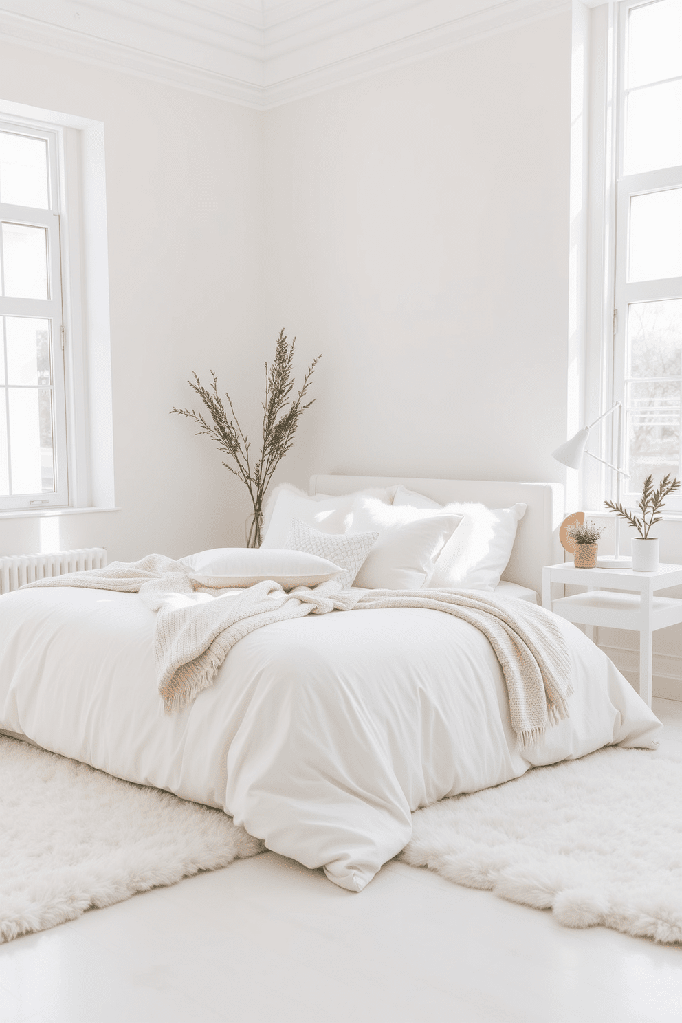 A serene white bedroom setting featuring layered white rugs that add warmth and texture to the space. The walls are painted in a soft white hue, and a plush white bed is adorned with fluffy pillows and a cozy throw blanket. Natural light floods the room through large windows, enhancing the airy atmosphere. A minimalist bedside table holds a sleek lamp and a small potted plant, completing the tranquil aesthetic.