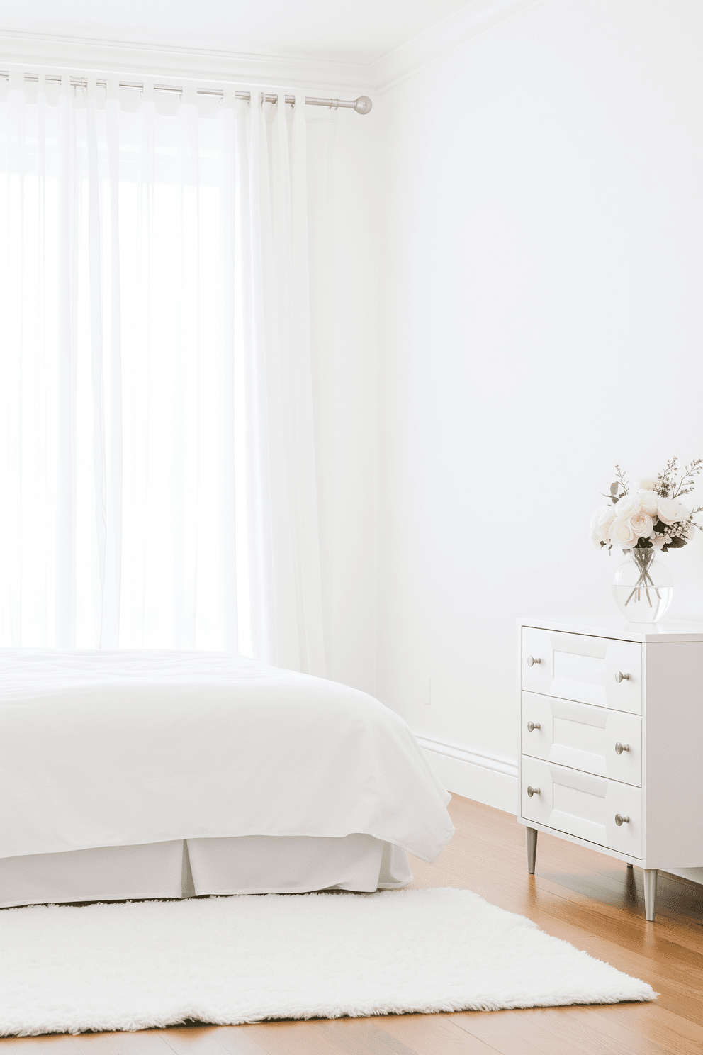 Elegant sheer curtains drape gracefully from a polished rod, allowing soft light to filter into the room. The curtains are complemented by a minimalist white bedroom design featuring a plush white bed adorned with textured throw pillows. A sleek white dresser stands against the wall, topped with a simple vase of fresh flowers. The space is accented by a soft area rug that adds warmth to the airy, serene atmosphere.