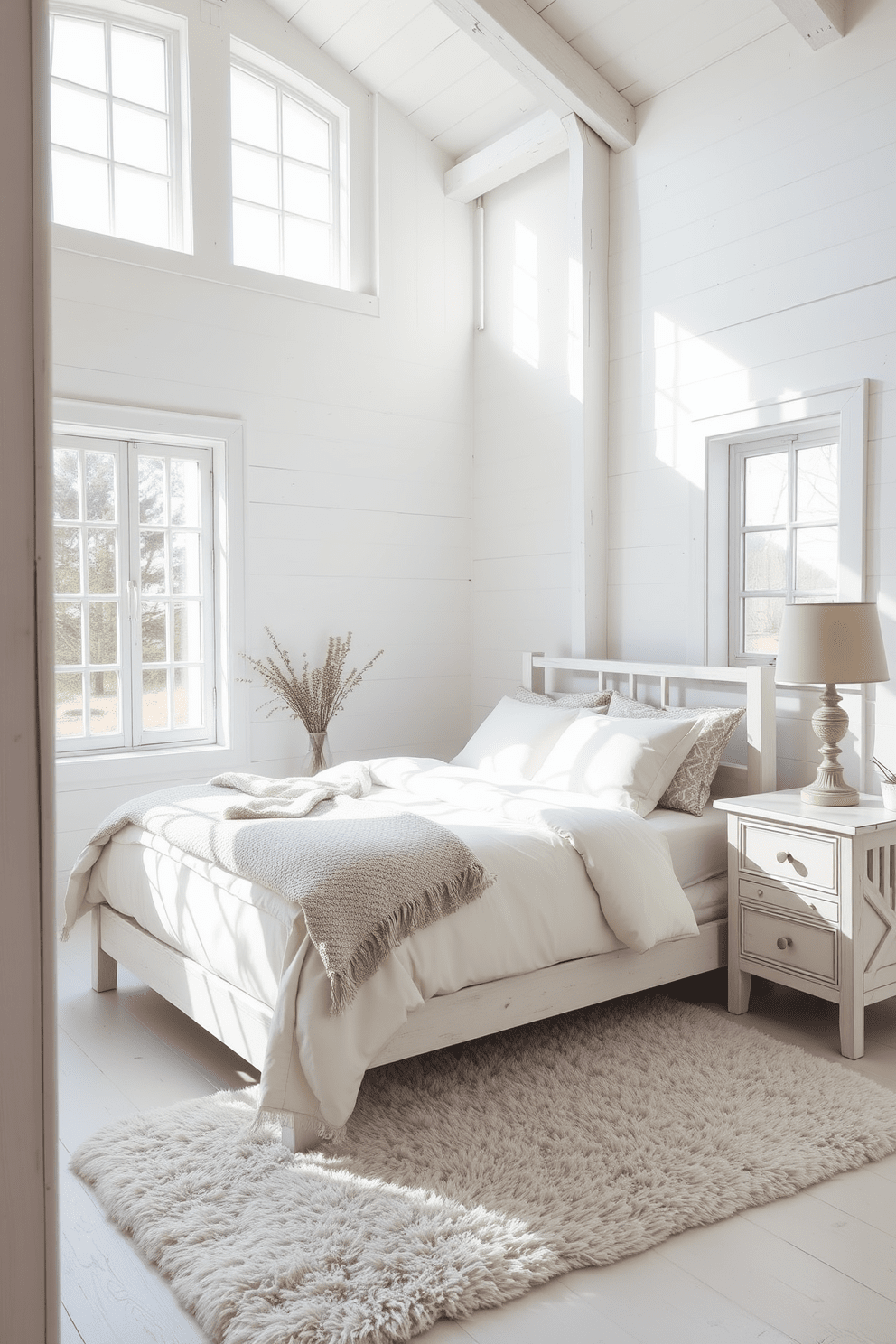 A serene white bedroom featuring white wooden furniture that adds a rustic touch. The bed is adorned with soft linens and a cozy throw blanket, while a vintage wooden nightstand holds a stylish lamp. Natural light floods the room through large windows, illuminating the whitewashed walls and wooden beams. A plush area rug lies beneath the bed, enhancing the inviting atmosphere of the space.