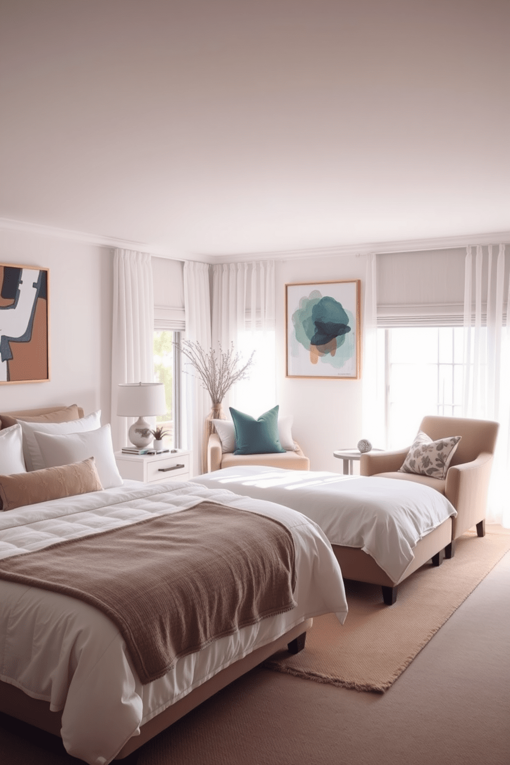 A serene bedroom featuring a plush white bed with soft linens and an array of decorative pillows. The walls are adorned with statement artwork that adds a pop of color and personality to the space. Natural light floods the room through large windows with sheer white curtains. A cozy reading nook is created by a comfortable armchair and a small side table, inviting relaxation and tranquility.