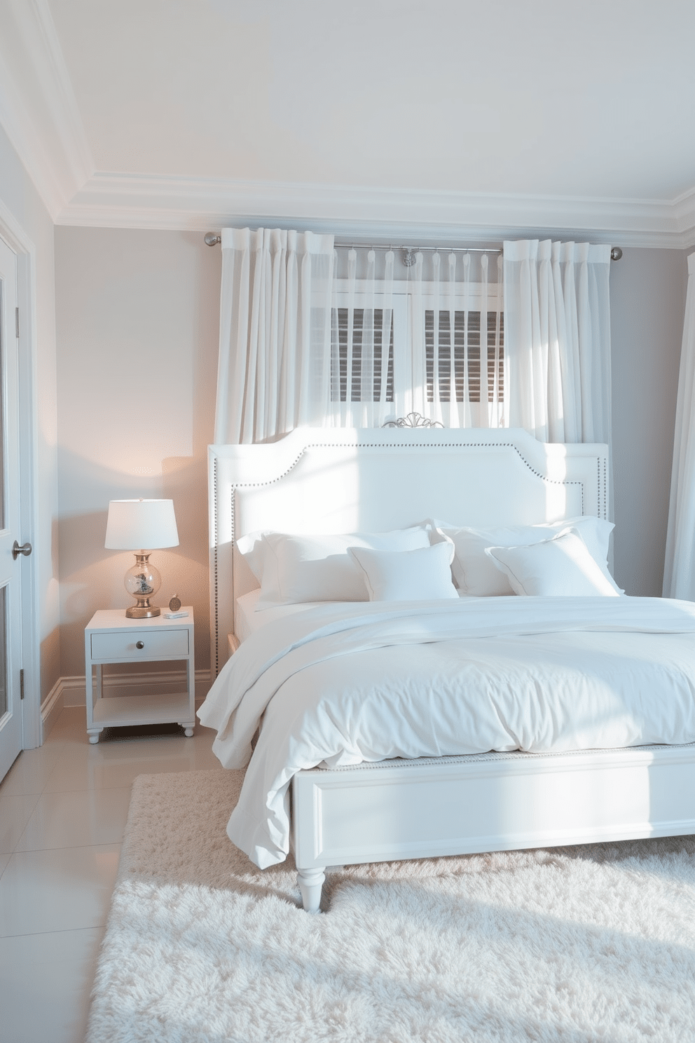 A serene white bedroom featuring a stylish white bed frame with an upholstered headboard that adds a touch of elegance. Soft white bedding complements the headboard, while plush pillows create a cozy atmosphere. Natural light streams through sheer curtains, illuminating the room and enhancing the calming ambiance. A minimalist bedside table holds a decorative lamp, and a soft area rug adds warmth to the space.