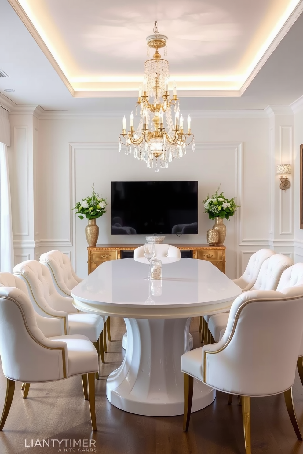 An elegant white dining table with gold accents takes center stage in a beautifully designed dining room. Surrounding the table are plush white chairs with gold legs, creating a luxurious and inviting atmosphere. The walls are painted in a soft, neutral tone that complements the white and gold theme. A stunning chandelier with crystal elements hangs above the table, casting a warm glow over the space.