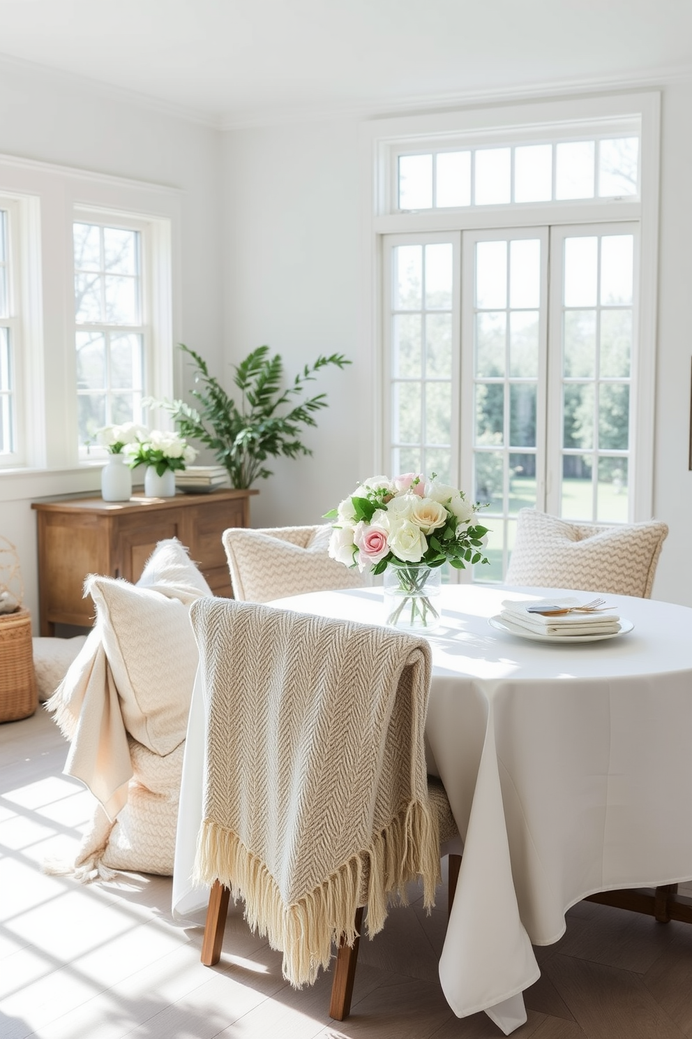 Layered textiles create a warm and inviting atmosphere in a white dining room. Plush cushions in varying textures adorn the chairs, while a soft woven throw drapes over the back of one chair. The dining table is set with a crisp white tablecloth, accented by a centerpiece of fresh flowers in a simple vase. Natural light streams through large windows, illuminating the room and enhancing the serene color palette.