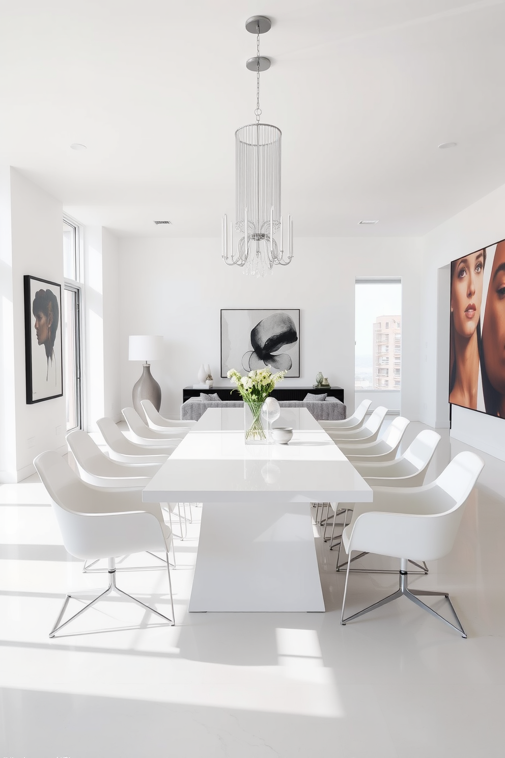 A bright and airy dining room featuring a large white dining table surrounded by sleek modern chairs. Contemporary art pieces adorn the walls, creating striking focal points that enhance the room's elegance and style. Natural light floods the space through large windows, highlighting the minimalist decor and the subtle textures of the furnishings. A statement chandelier hangs above the table, adding a touch of sophistication to the overall design.