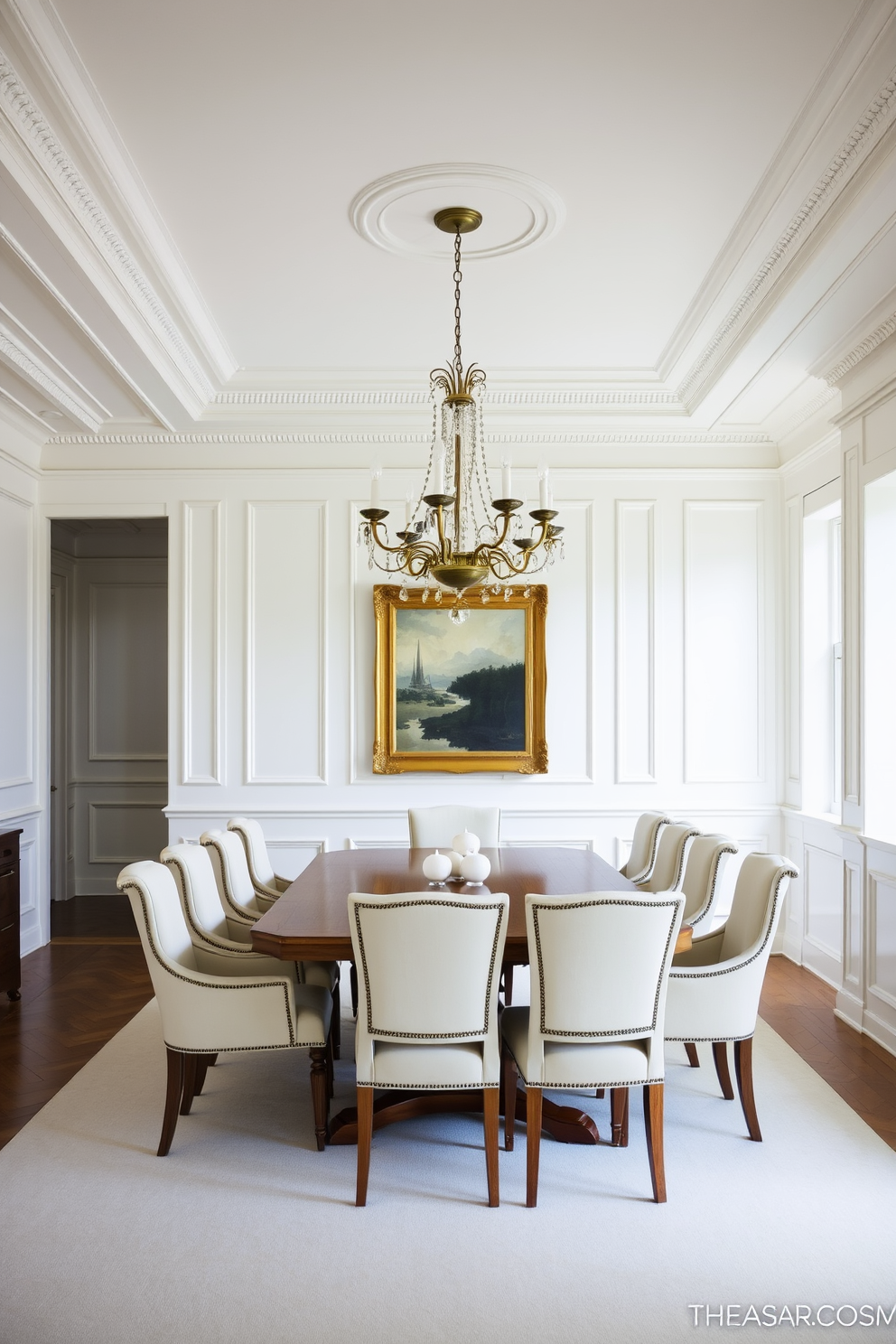 A classic white dining room features elegant wainscoting that adds a touch of sophistication to the space. The walls are adorned with intricate moldings that enhance the overall aesthetic, creating a timeless atmosphere. In the center of the room, a large wooden dining table is surrounded by plush upholstered chairs in a soft neutral tone. A stunning chandelier hangs above the table, casting a warm glow that invites gatherings and celebrations.