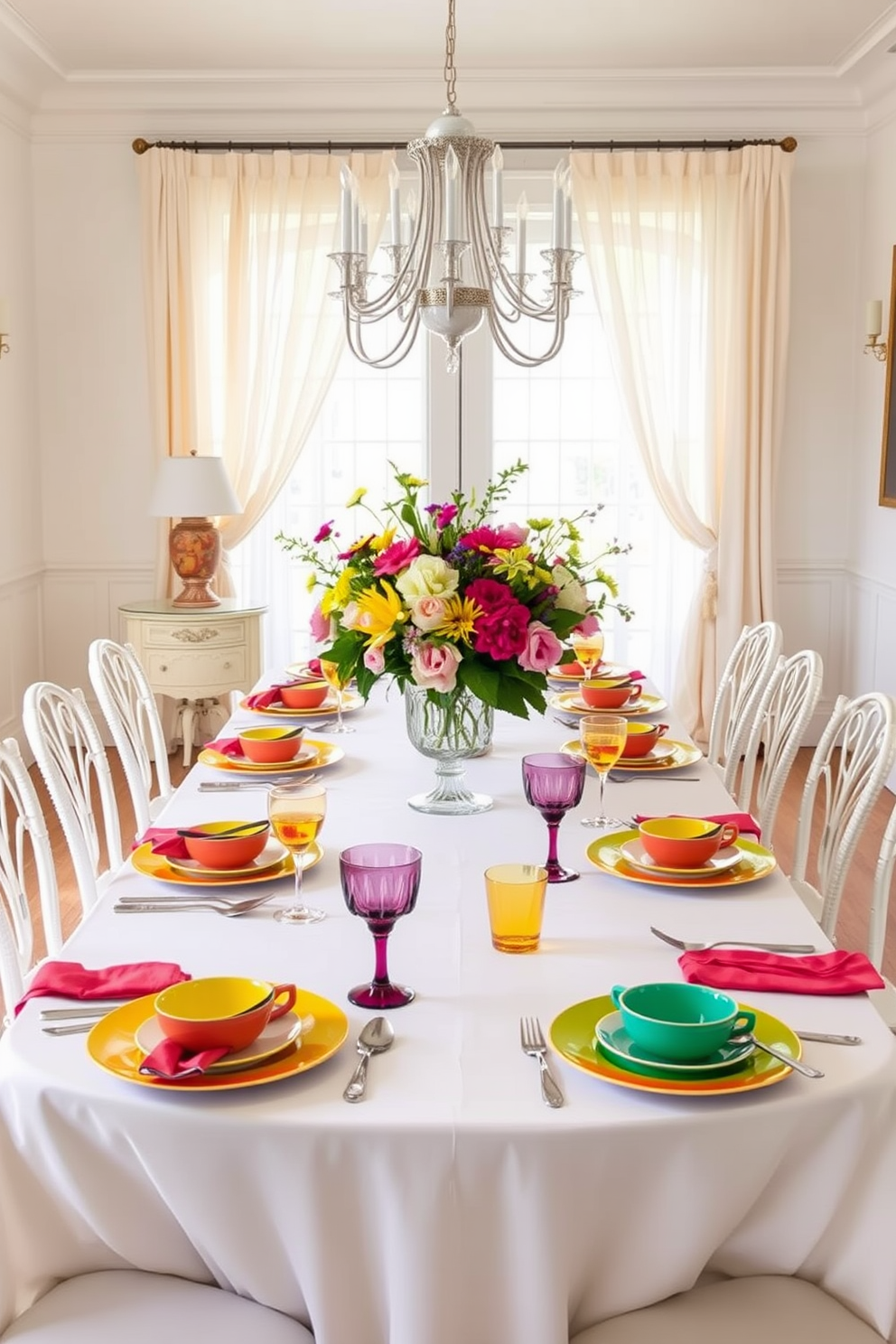 Bright pops of color through tableware enhance the elegance of a white dining room. The table is set with vibrant dishes, glasses, and napkins that contrast beautifully against the crisp white tablecloth and chairs. A large centerpiece of fresh flowers adds an inviting touch to the space. Soft natural light filters in through sheer curtains, creating a warm and welcoming atmosphere.