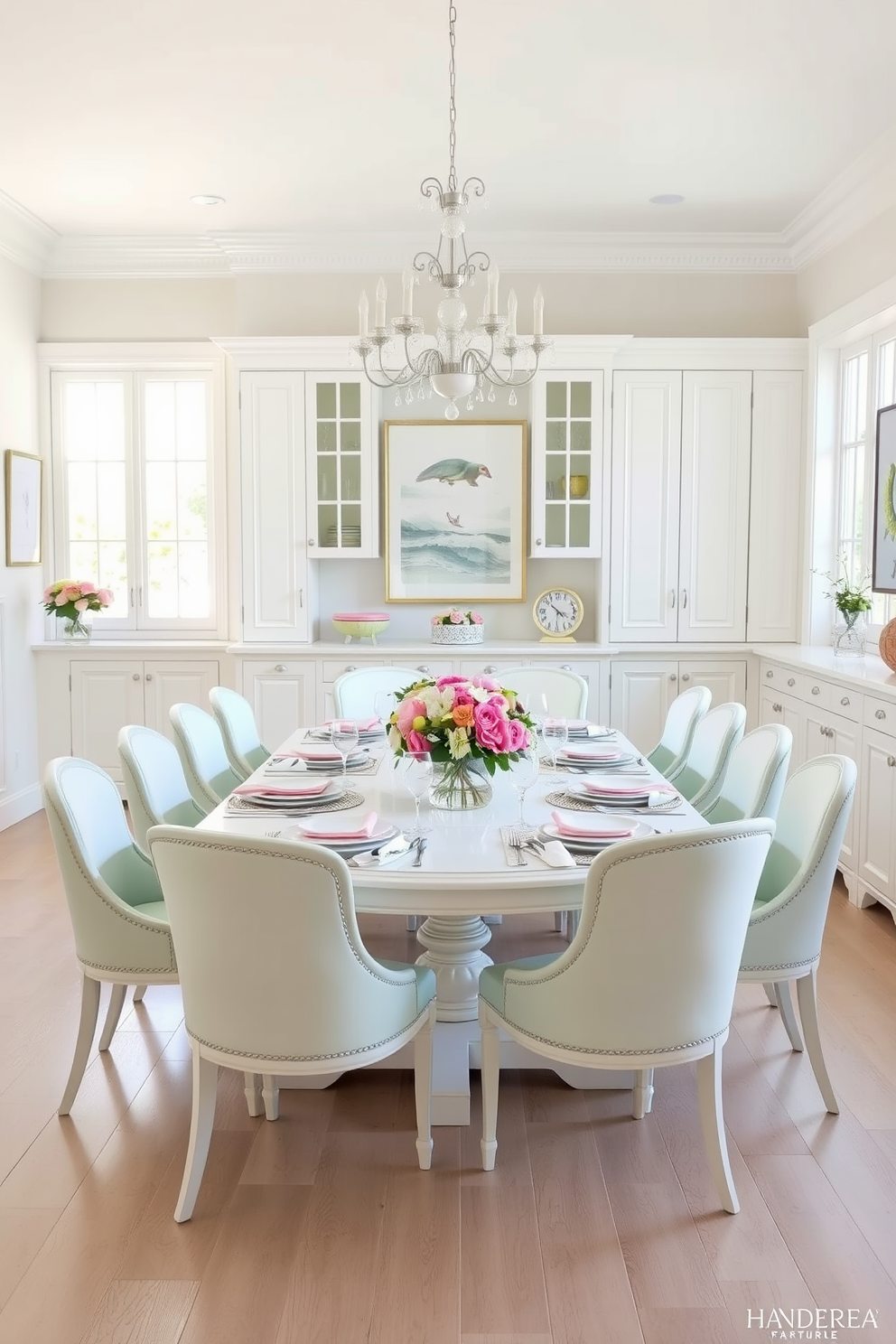 A bright and airy dining room featuring a large white table surrounded by pastel-colored chairs. Soft pink and mint green accents are incorporated through table settings and wall art, creating a harmonious and inviting atmosphere. Natural light floods the space through large windows, highlighting the elegant white cabinetry and light wood flooring. A tasteful centerpiece of fresh flowers adds a touch of color and freshness to the overall design.