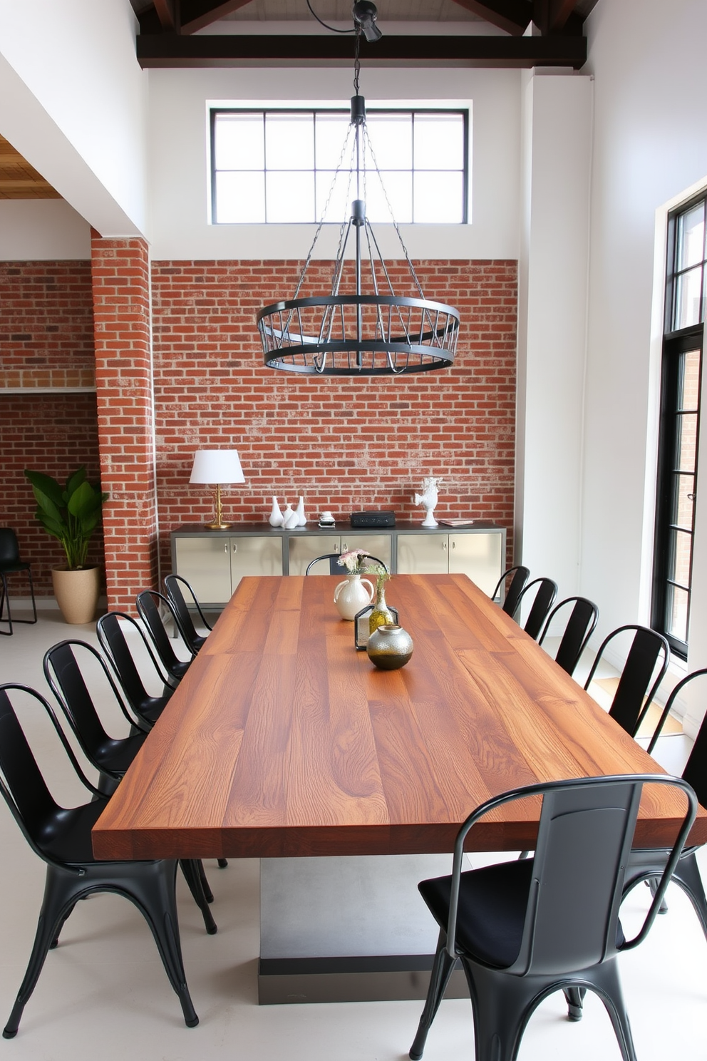 An industrial style dining room featuring a large reclaimed wood table surrounded by metal chairs with a matte black finish. The walls are painted white, and exposed brick adds texture, while large windows allow natural light to flood the space. The centerpiece is a bold metal chandelier hanging above the table, complemented by minimalist decor. A sleek sideboard in a matching metal finish provides storage and display space, enhancing the overall aesthetic.