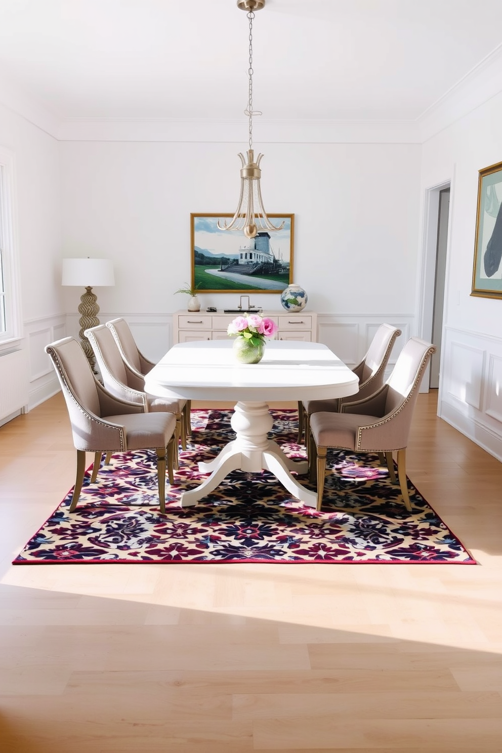 A bright and airy dining room featuring a white table at the center surrounded by elegant upholstered chairs. Below the table, a bold patterned rug adds a vibrant touch, creating a striking contrast against the light hardwood floor.