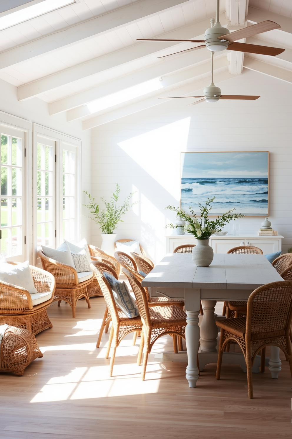 A bright and airy dining room featuring a coastal theme with natural wood elements. The room is adorned with a large whitewashed wooden dining table surrounded by rattan chairs, offering a relaxed yet elegant atmosphere. Soft blue accents are incorporated through decorative cushions and a large coastal-inspired painting on the wall. Sunlight streams in through large windows, illuminating the space and highlighting the natural textures of the wooden elements.