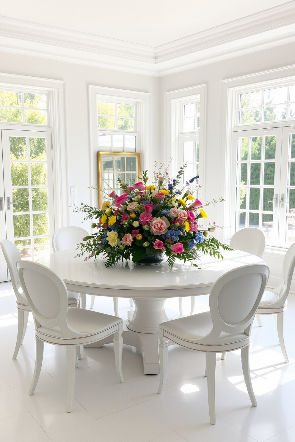 Bright floral centerpieces for a fresh look. A large round table is set in the center of a bright white dining room, adorned with a vibrant arrangement of mixed flowers in shades of pink, yellow, and blue. The walls are painted a crisp white, creating a clean and airy atmosphere. Elegant white chairs surround the table, complemented by soft, natural light streaming in through large windows.