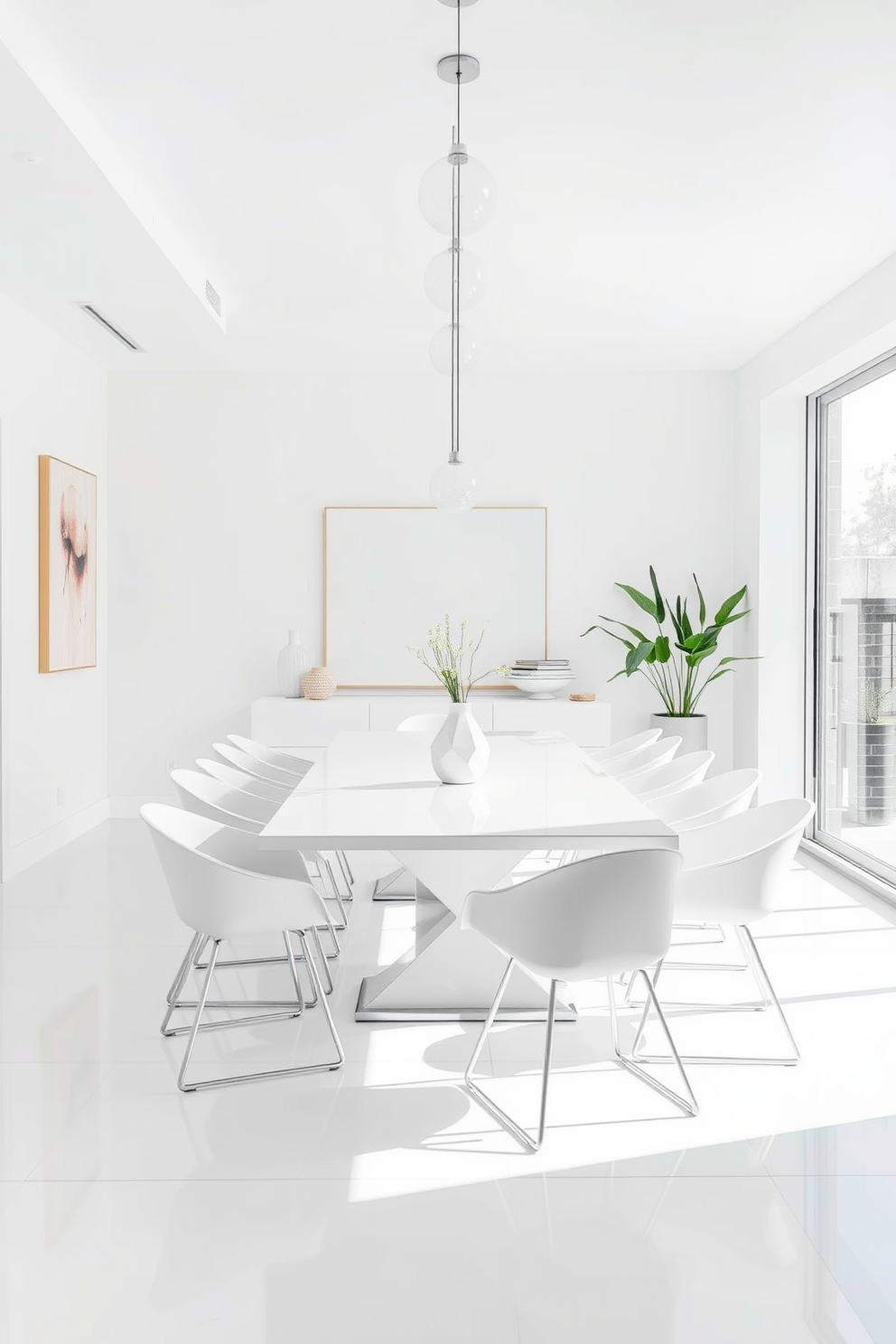 A bright white dining room featuring a sleek rectangular table surrounded by modern chairs with geometric shapes. The walls are adorned with minimalist art pieces, and a large window allows natural light to flood the space, enhancing the clean lines and contemporary feel.