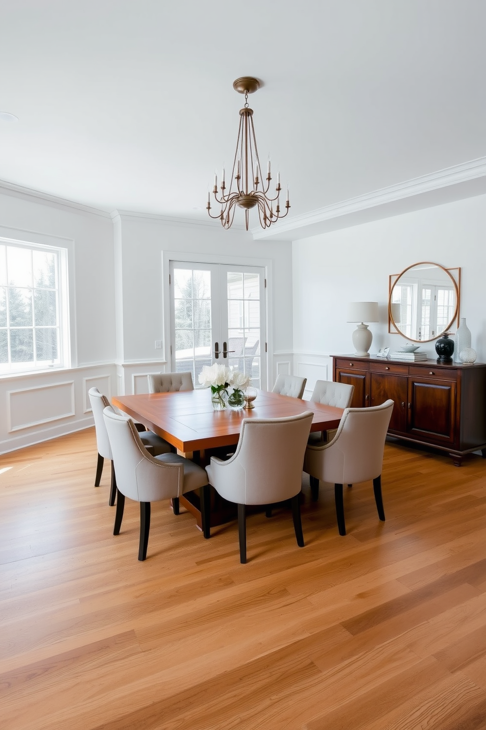 A beautifully designed dining room that seamlessly blends modern and classic elements. The space features a large rectangular wooden dining table surrounded by upholstered chairs in a soft neutral fabric. Above the table, an elegant chandelier with a contemporary design adds a touch of glamour. The walls are painted in a crisp white, complemented by classic wainscoting and large windows that allow natural light to flood the room. A stylish sideboard in a dark wood finish stands against one wall, adorned with decorative items and a mirror above it. The floor is finished with wide plank hardwood, enhancing the room's transitional aesthetic.