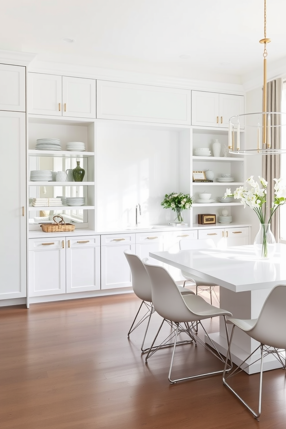 A sleek white cabinetry design features open shelving that showcases elegant dishware and decorative items. The dining room is bright and airy, with a large white table surrounded by modern chairs, creating a sophisticated yet inviting atmosphere.