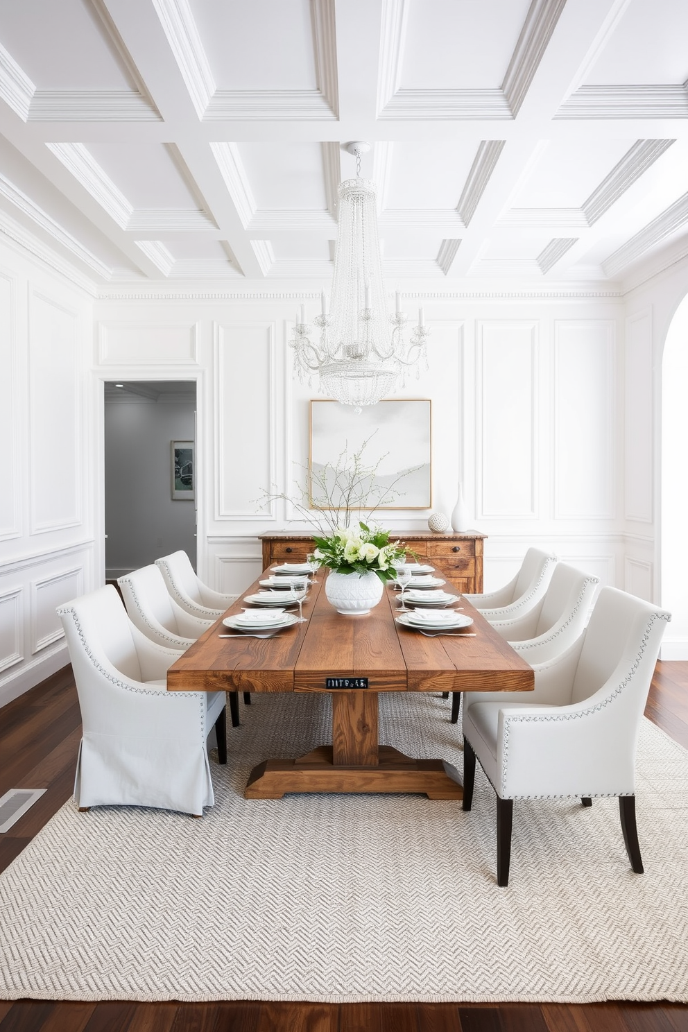 A stunning white dining room featuring a monochromatic color scheme with varying textures. The walls are adorned with white wainscoting, while the ceiling boasts a sleek white coffered design. A large rectangular dining table made of reclaimed wood sits at the center, surrounded by upholstered white chairs that add a touch of elegance. A textured area rug in a soft cream hue lies beneath the table, enhancing the room's warmth and depth. A statement chandelier with intricate white detailing hangs above the table, casting a soft glow. Decorative elements such as a white vase filled with fresh greenery and a set of elegant white dinnerware complete the sophisticated look.